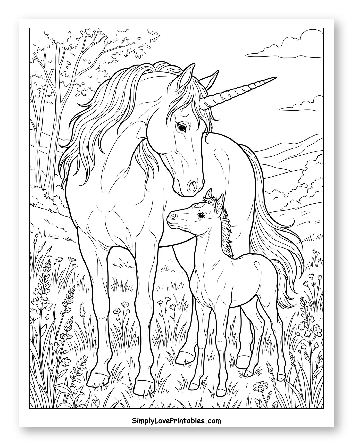 Unicorn with Foal in a Grassy Field