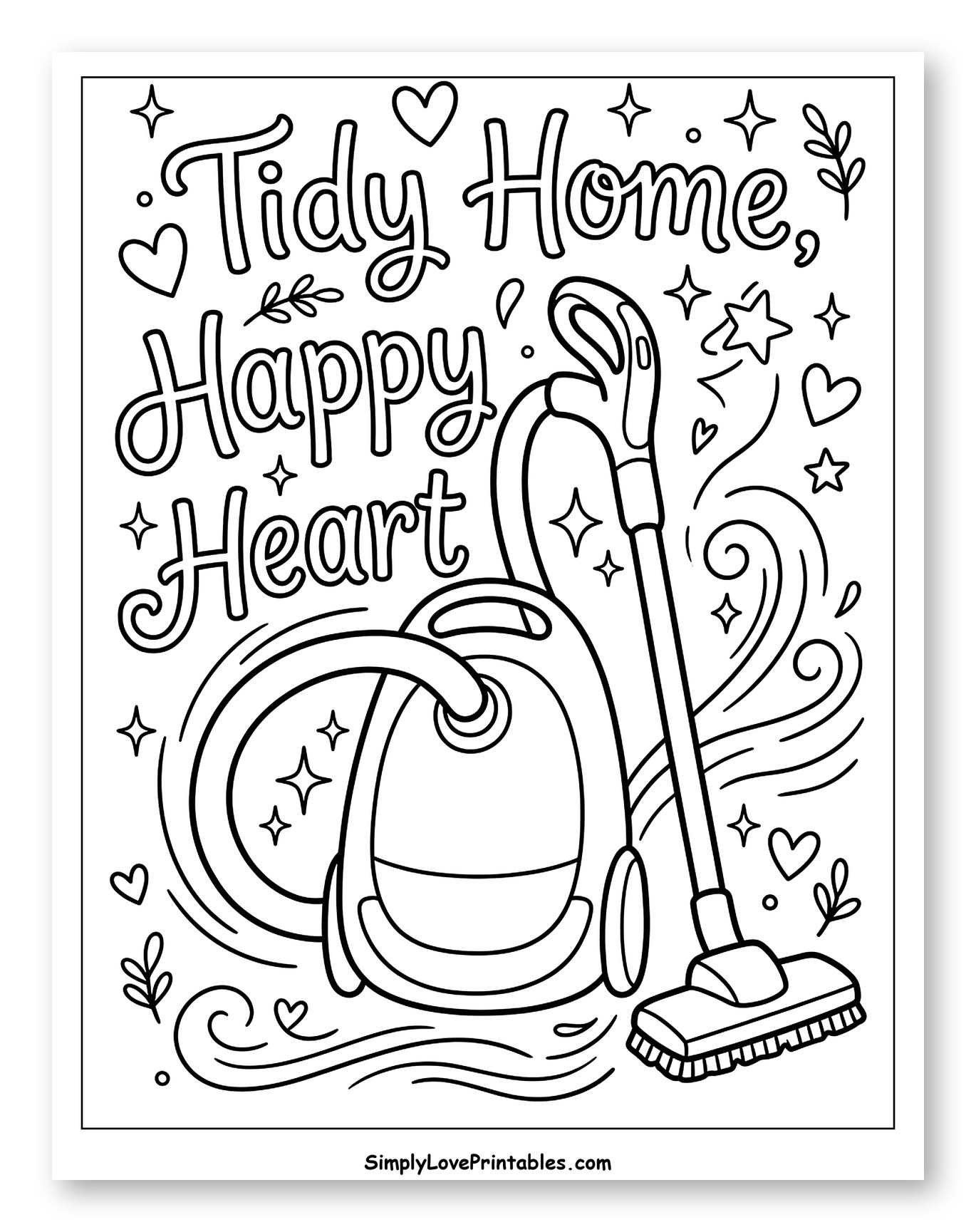 Vacuum Cleaner and Inspirational Tidy Home Quote to Color for Adults