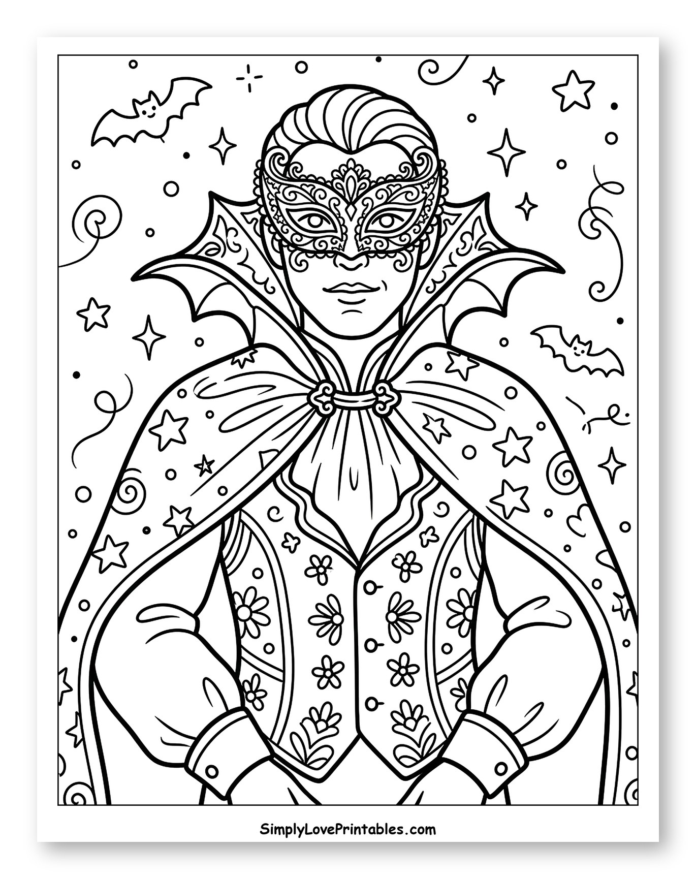 Vampire in Masquerade Mask with Cape and Stars