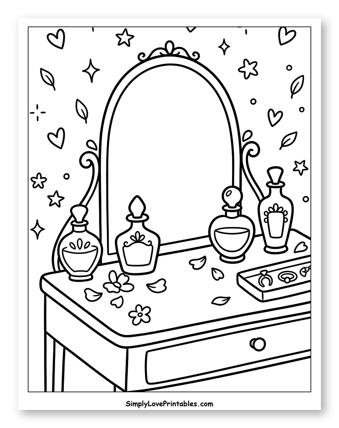 Vanity Table with Mirror and Perfume Bottles Coloring Sheet for Adults