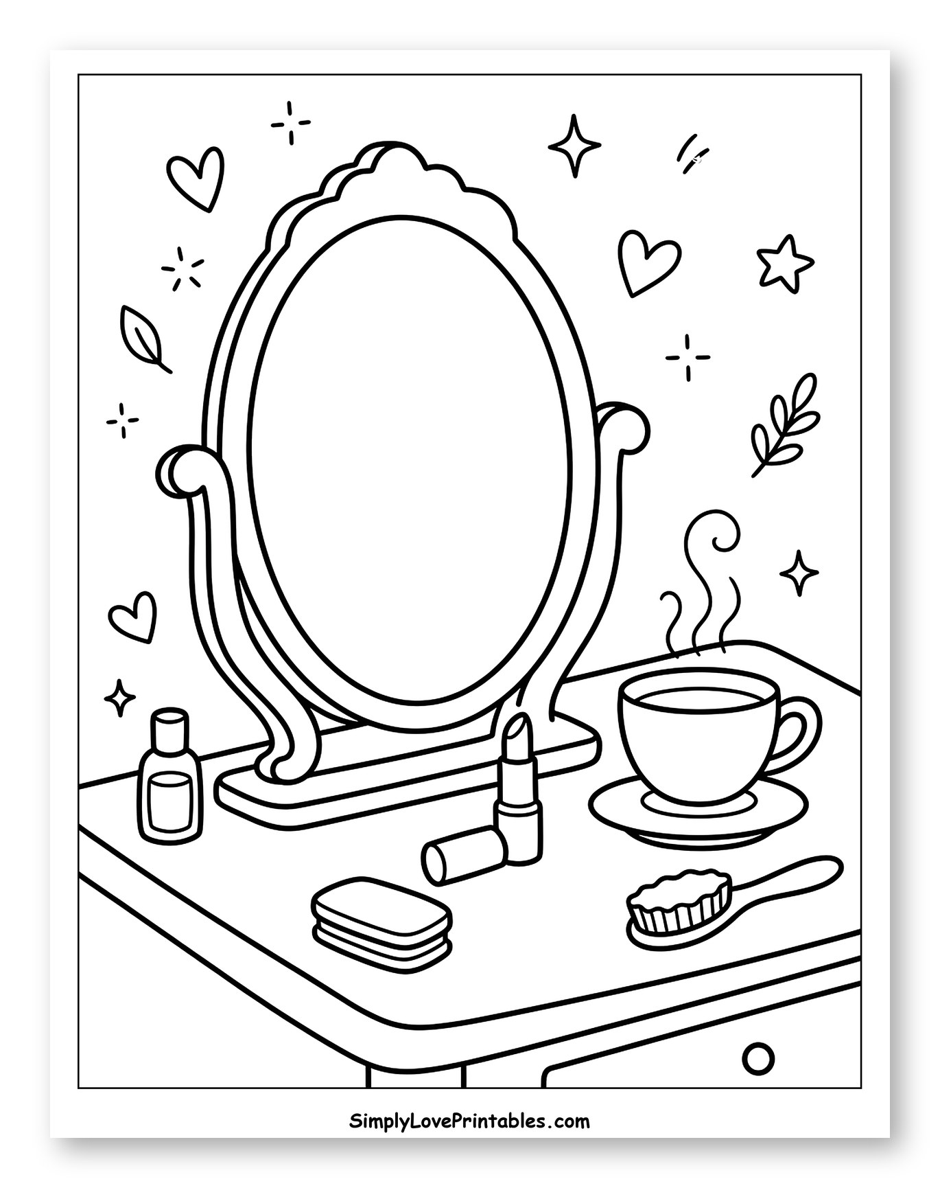 Vanity Table with Mirror, Makeup, and Hot Drink