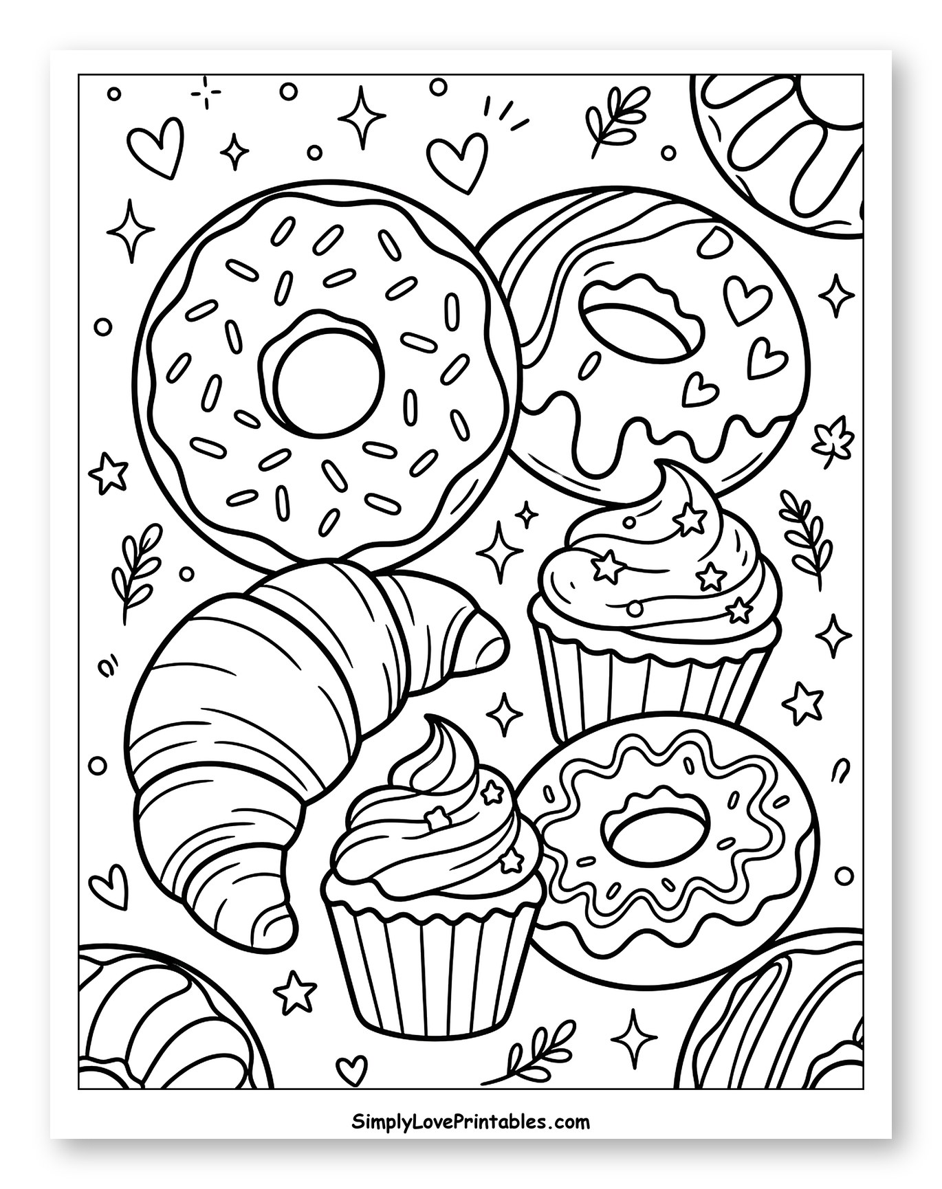 Variety of Donuts, Cupcakes, and Croissant to Color for Adults