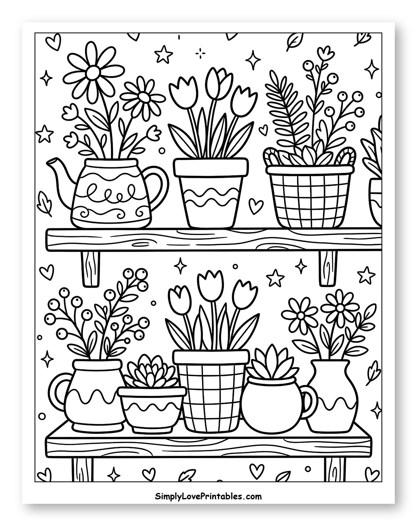 Variety of Potted Flowers on Wooden Shelves Coloring Sheet for Adults