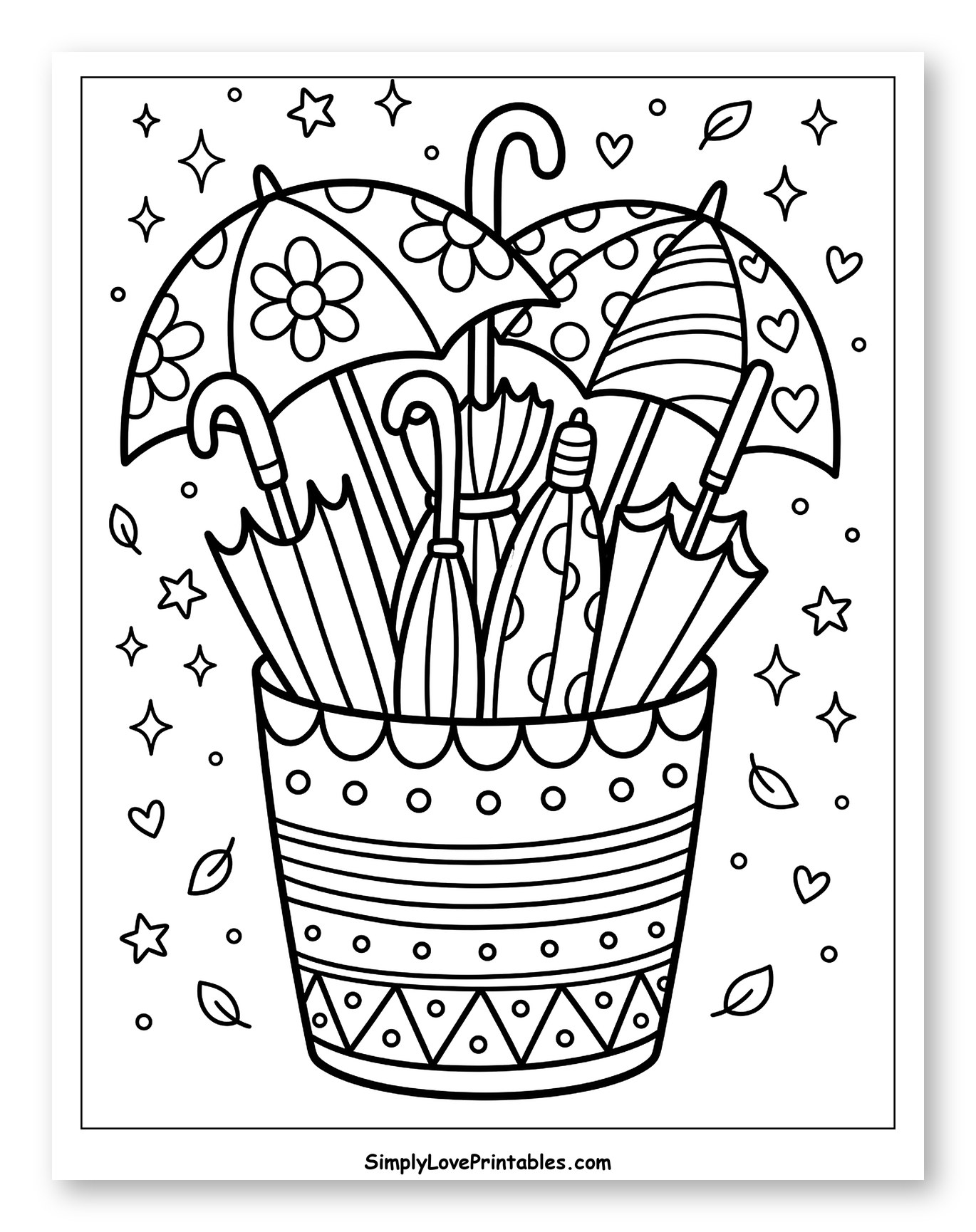 Variety of Umbrellas in a Patterned Bucket Coloring Page for Adults