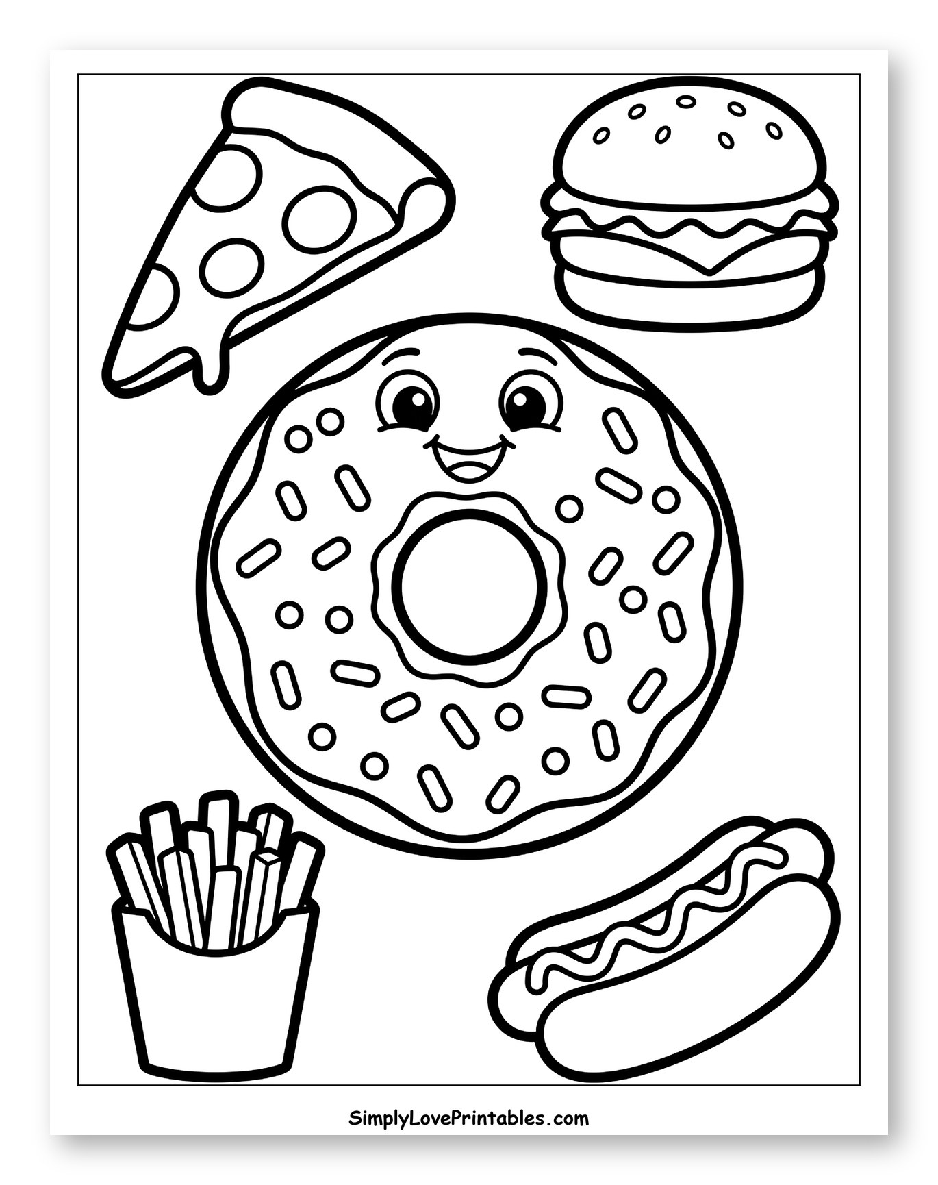 Various Fast Food Items and Smiling Donut