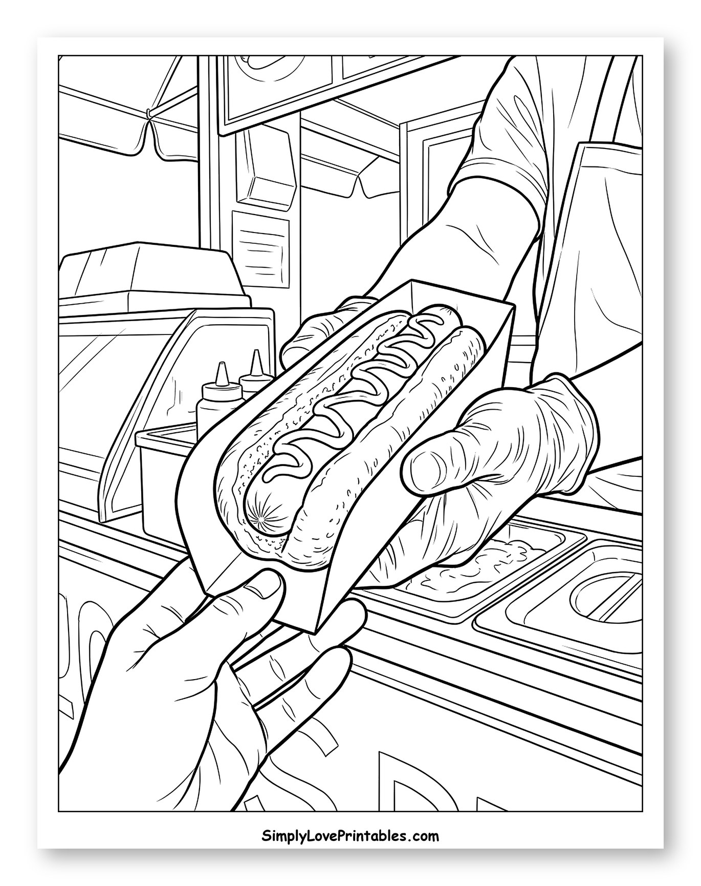 Vendor Handing Hot Dog to Customer to Color