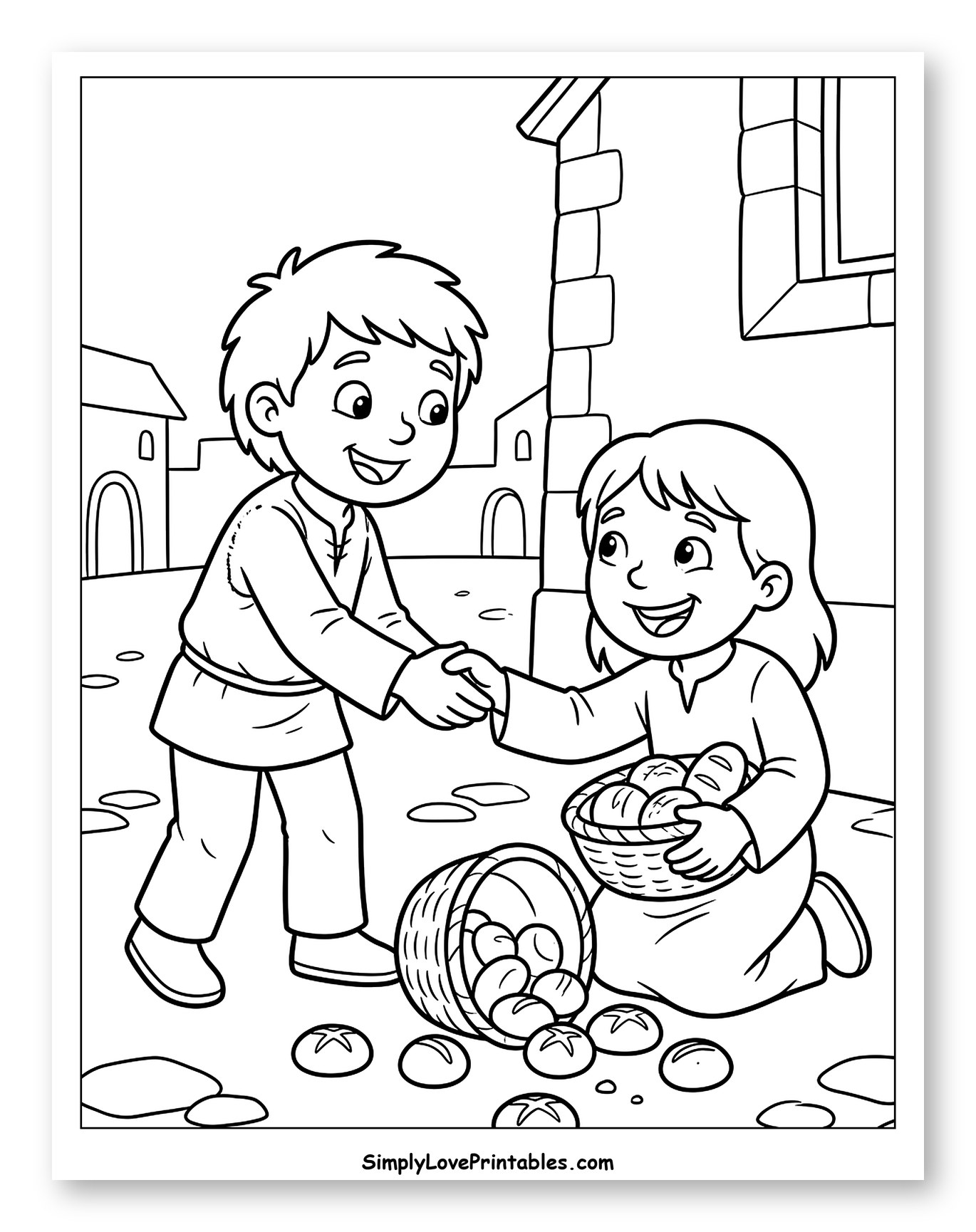 Village Children Shaking Hands and Bread Coloring Page for Kids