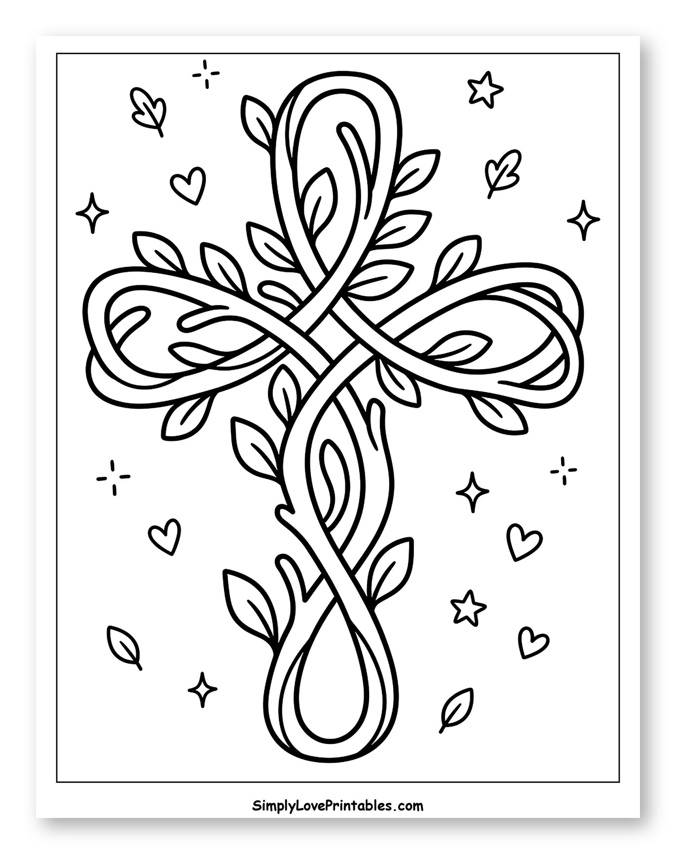 Vine Cross with Hearts and Stars Coloring Sheet for Adults