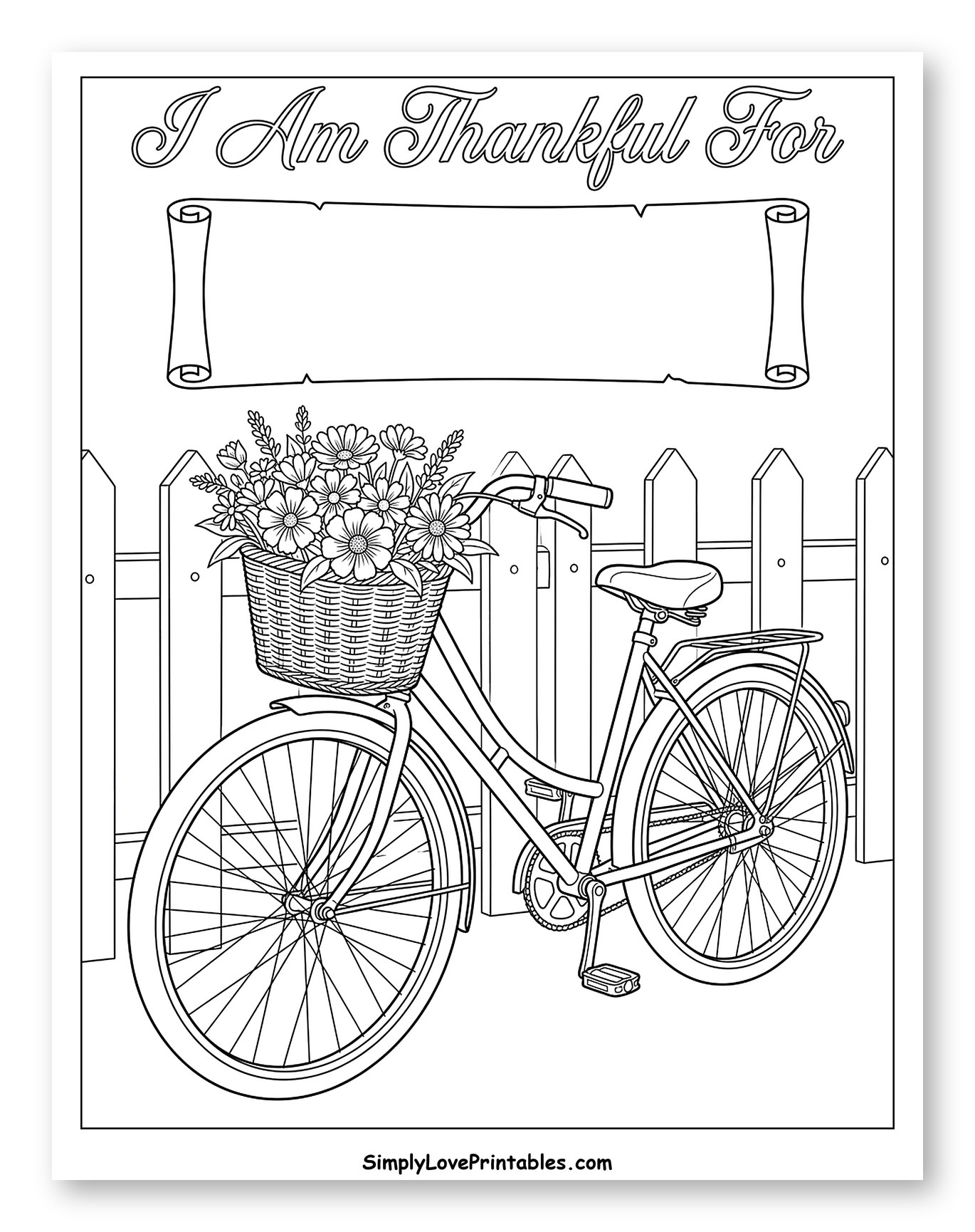 Vintage Bicycle with Flowers by a Picket Fence Coloring Sheet