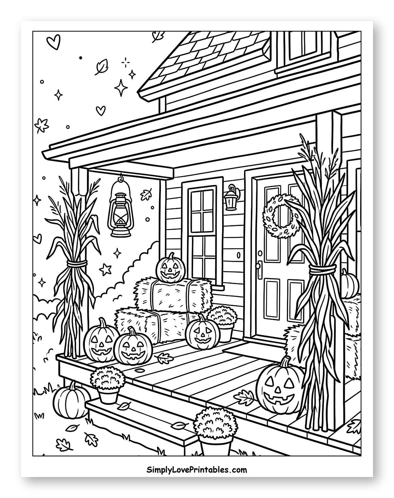 Vintage Halloween Porch with Pumpkins and Hay Bales Coloring Page for Adults