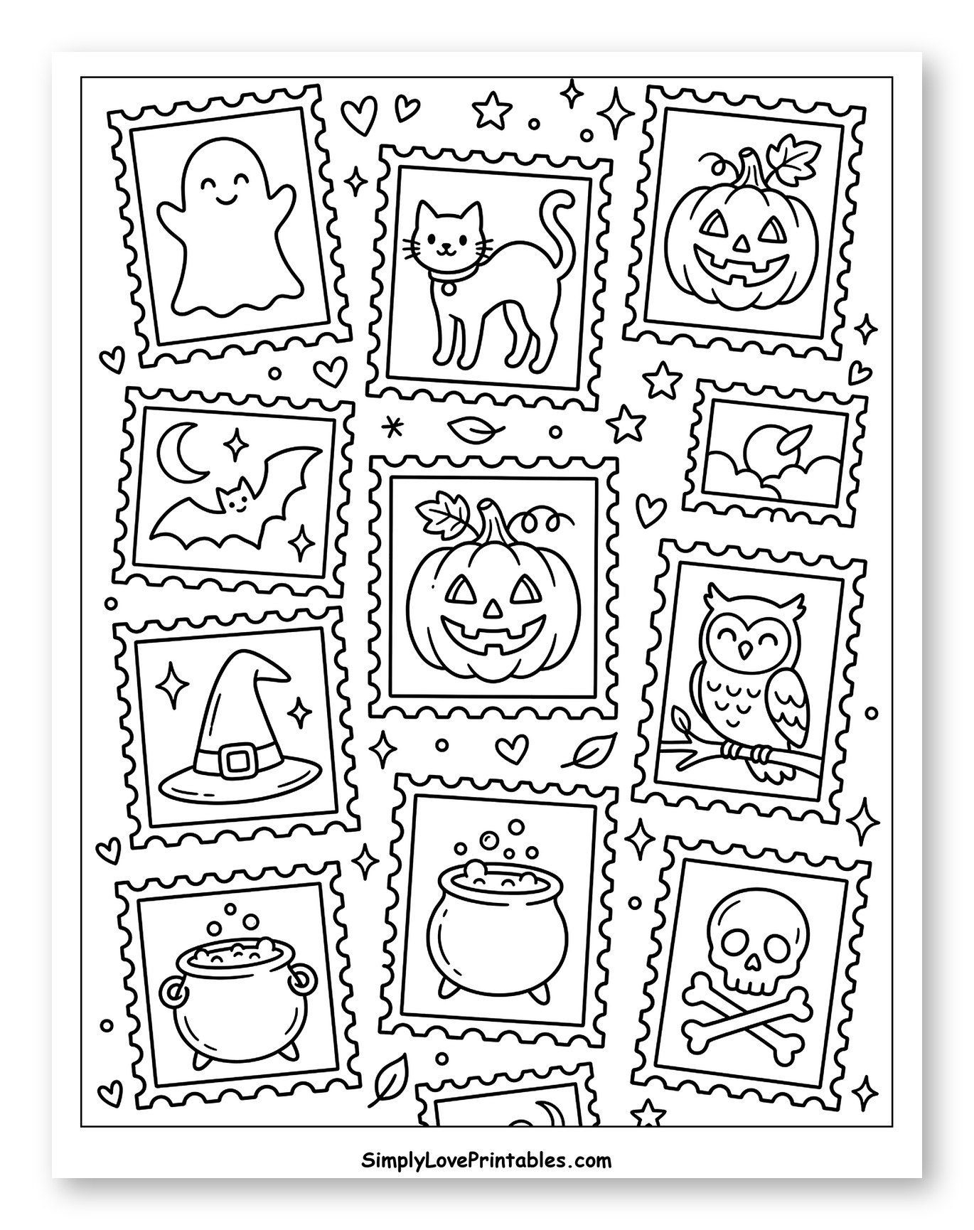 Vintage Halloween Stamps with Spooky Characters to Color for Adults