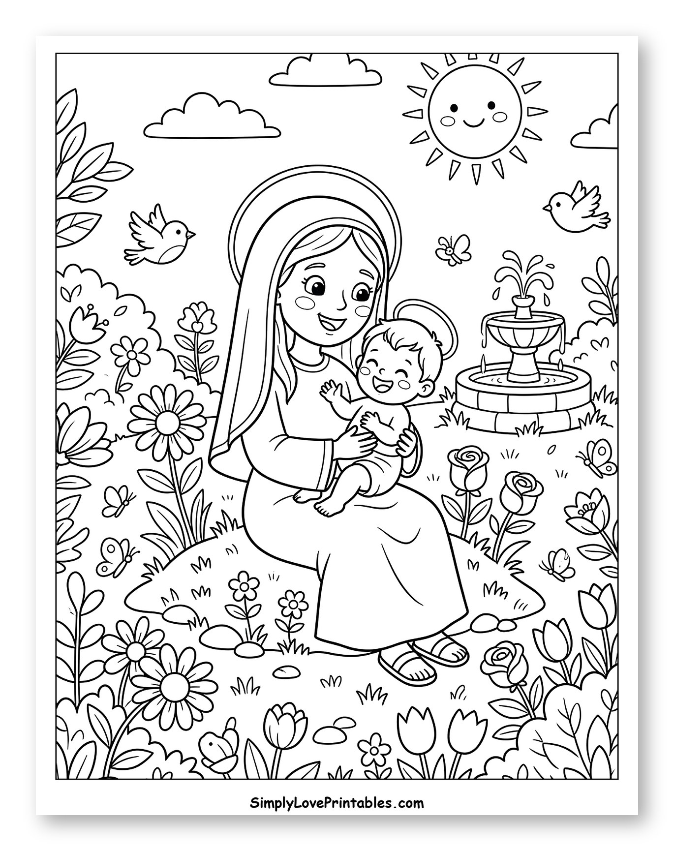 Virgin Mary and Baby Jesus in a Garden Coloring Page for Kids