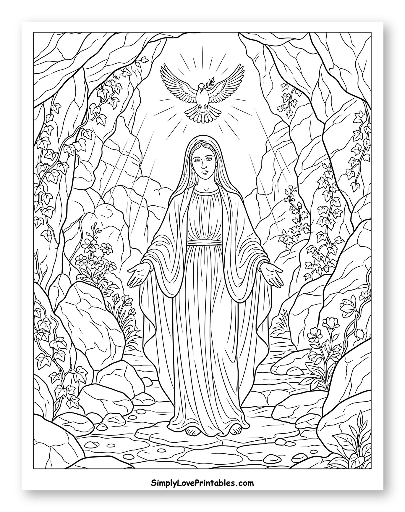 Virgin Mary and Holy Spirit in Grotto Coloring Sheet