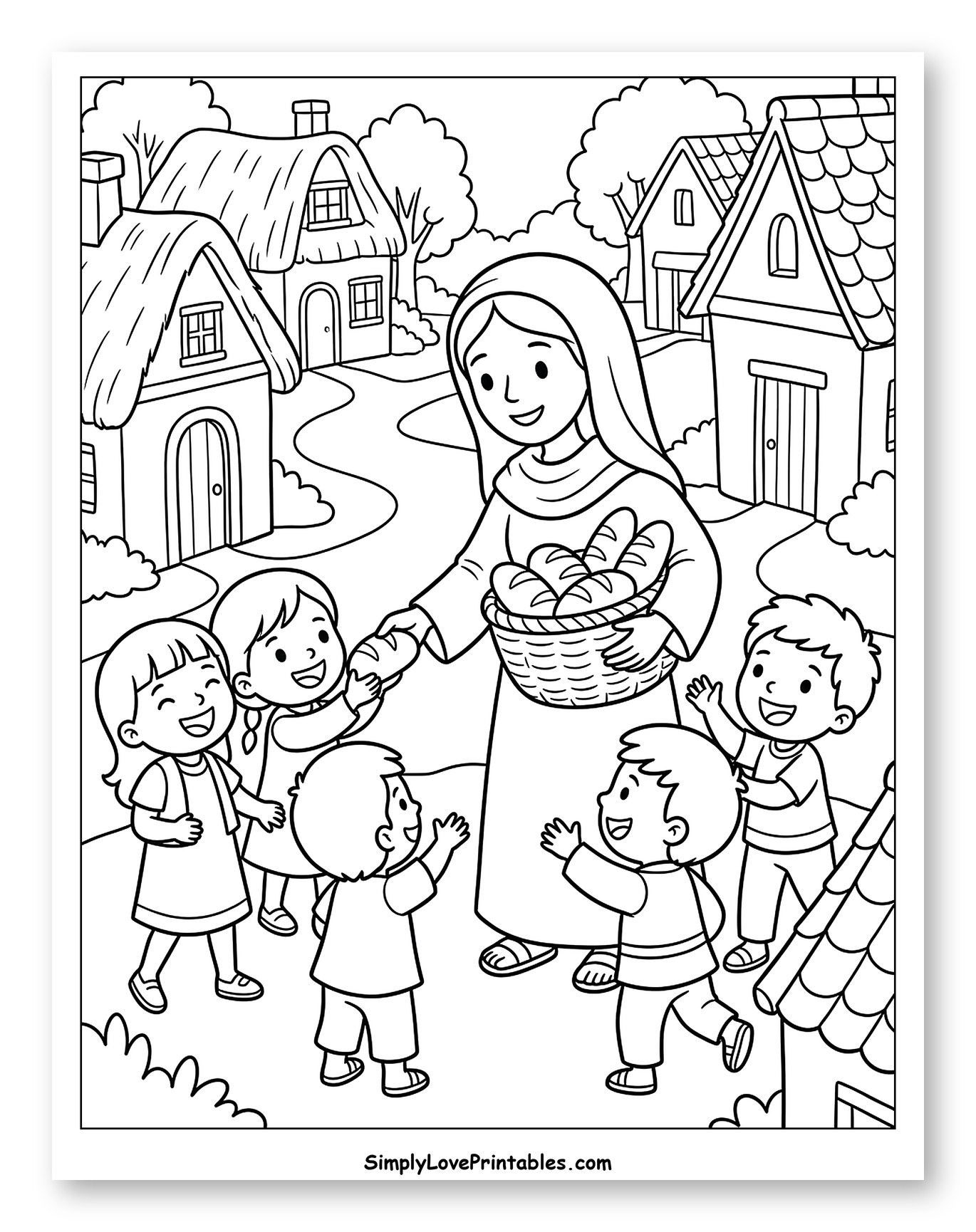 Virgin Mary Giving Bread to Children Coloring Page for Kids