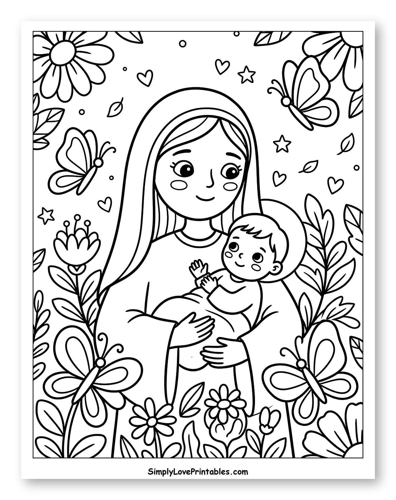 Virgin Mary Holding Baby Jesus with Flowers