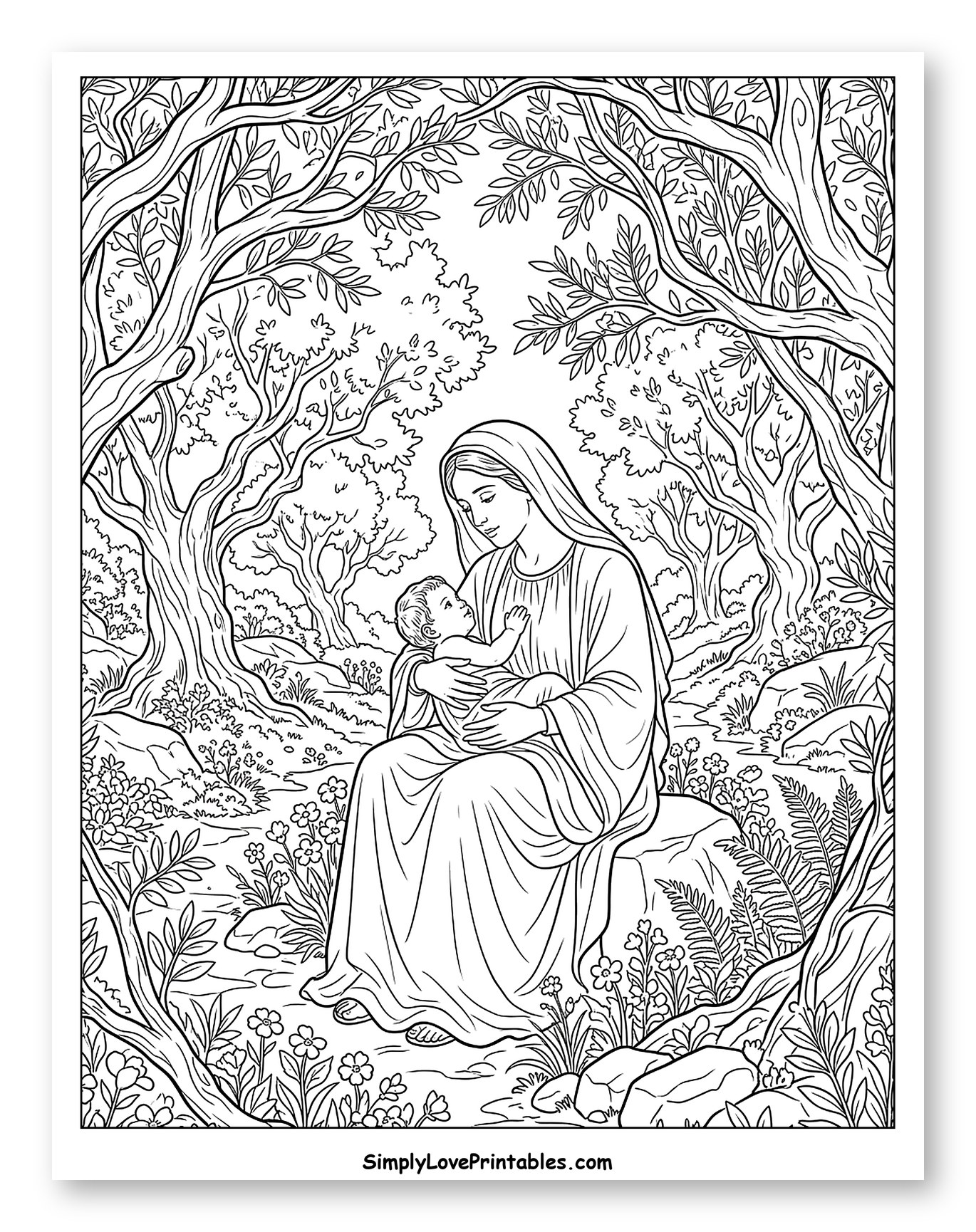Virgin Mary Holding Jesus in Nature