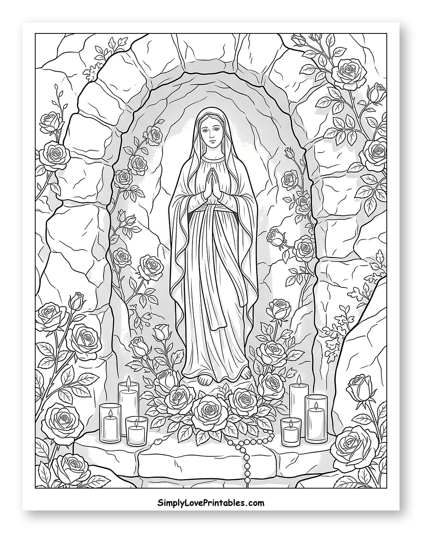 Virgin Mary in a Grotto with Roses Coloring Sheet