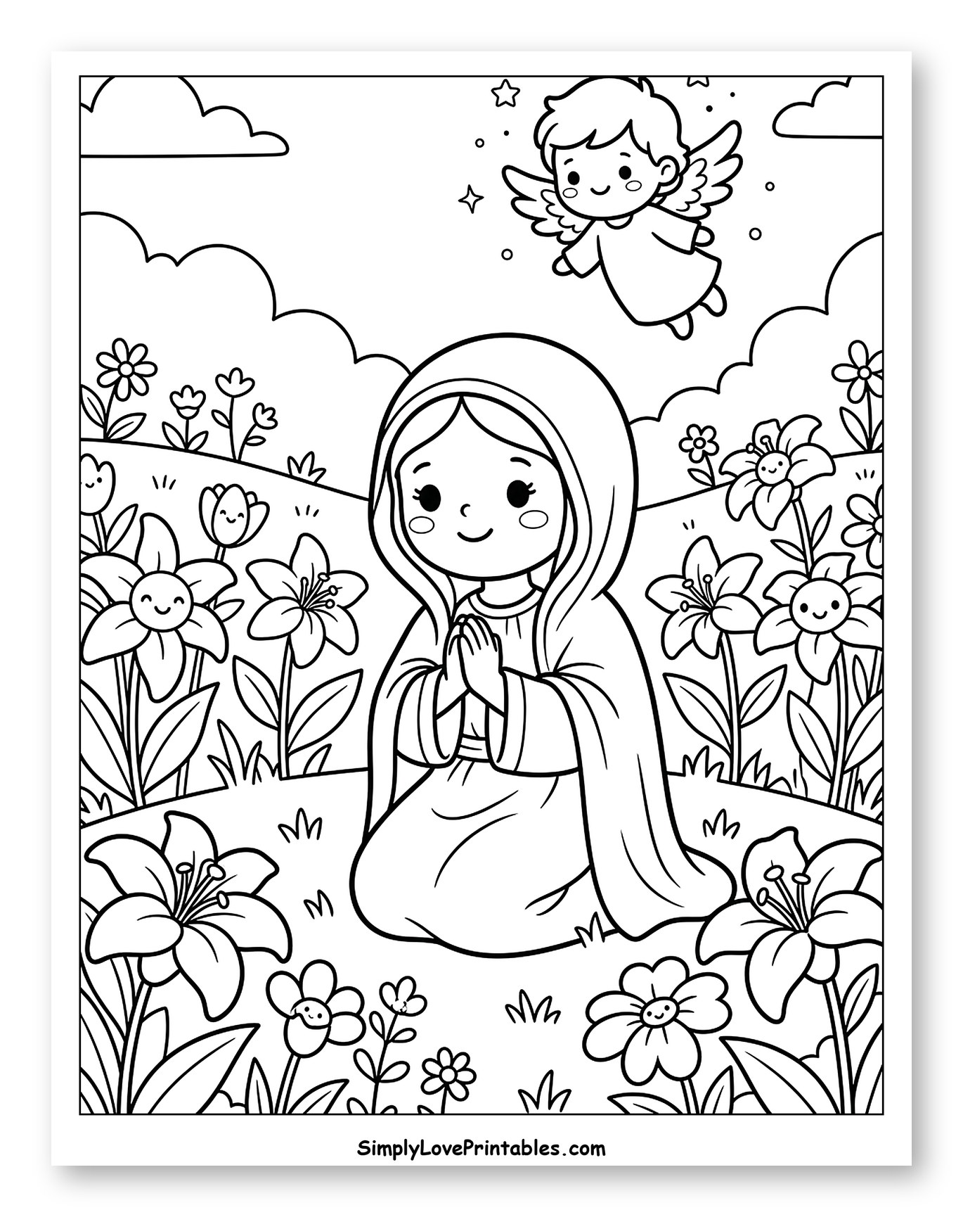Virgin Mary Kneeling with Smiling Flowers and Angel to Color for Kids