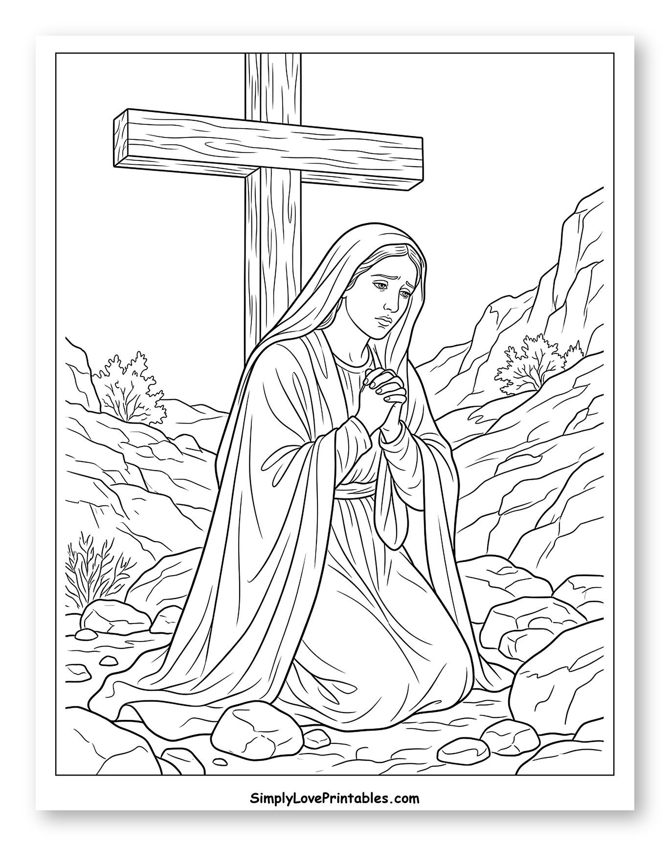 Virgin Mary Praying by the Cross Coloring Sheet