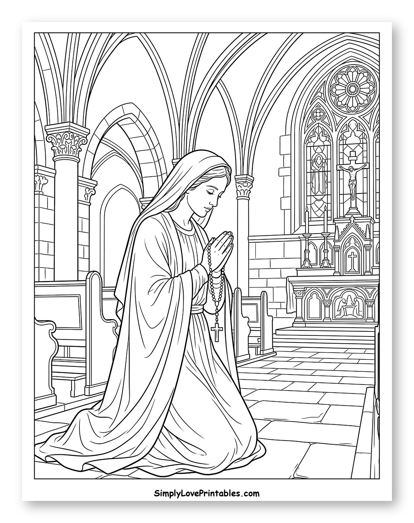 Virgin Mary Praying in a Grand Church Coloring Sheet