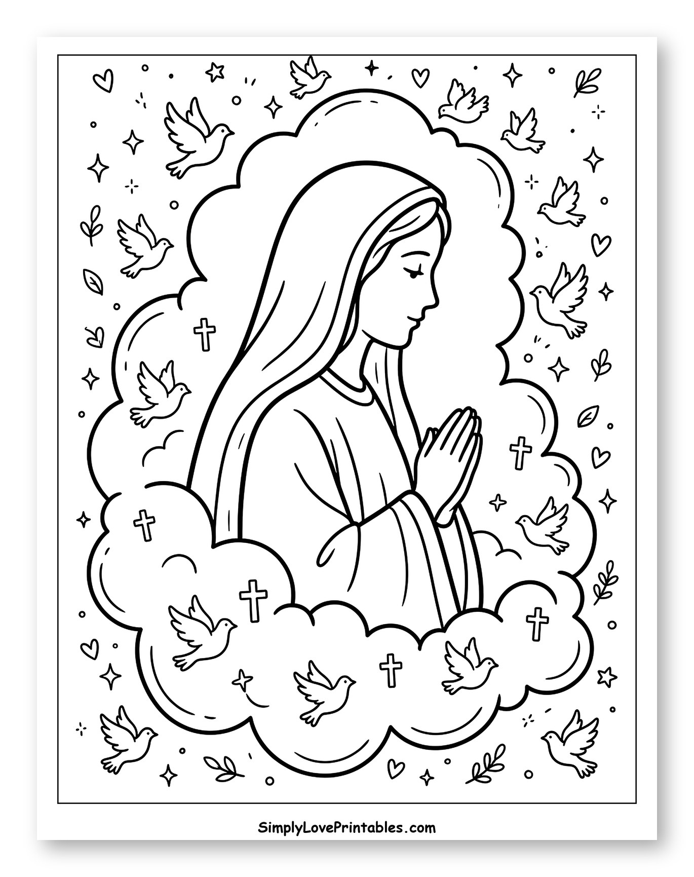 Virgin Mary Praying with Doves and Symbols to Color for Adults