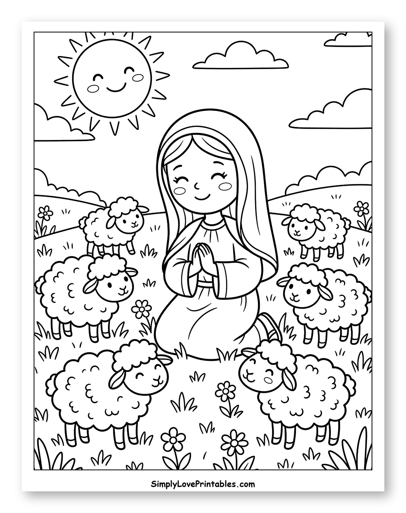Virgin Mary Praying with Smiling Sheep