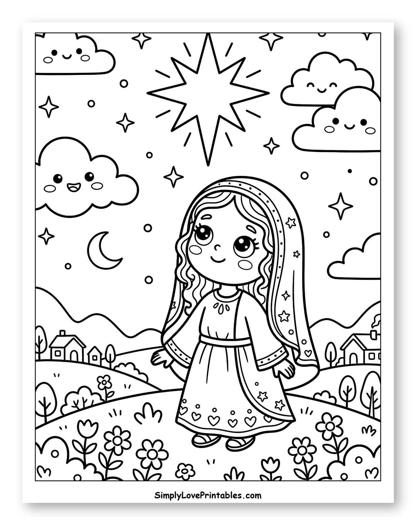 Virgin Mary Under a Shining Star with Happy Clouds