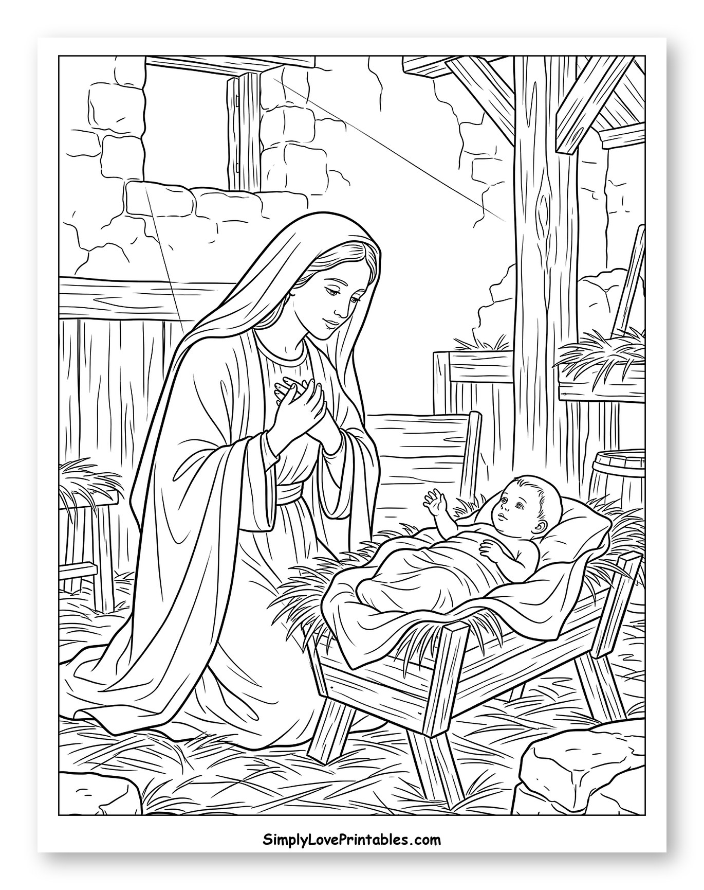 Virgin Mary with Baby Jesus in Stable to Color