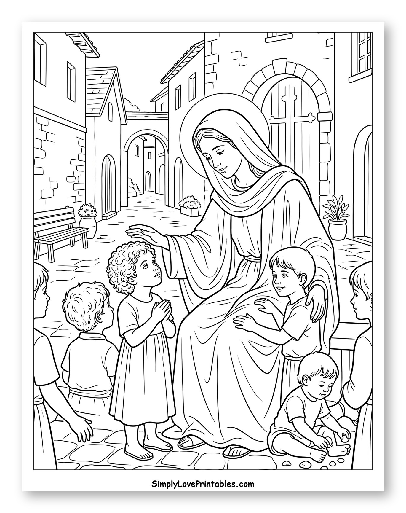 Virgin Mary with Children on a Cobblestone Street to Color
