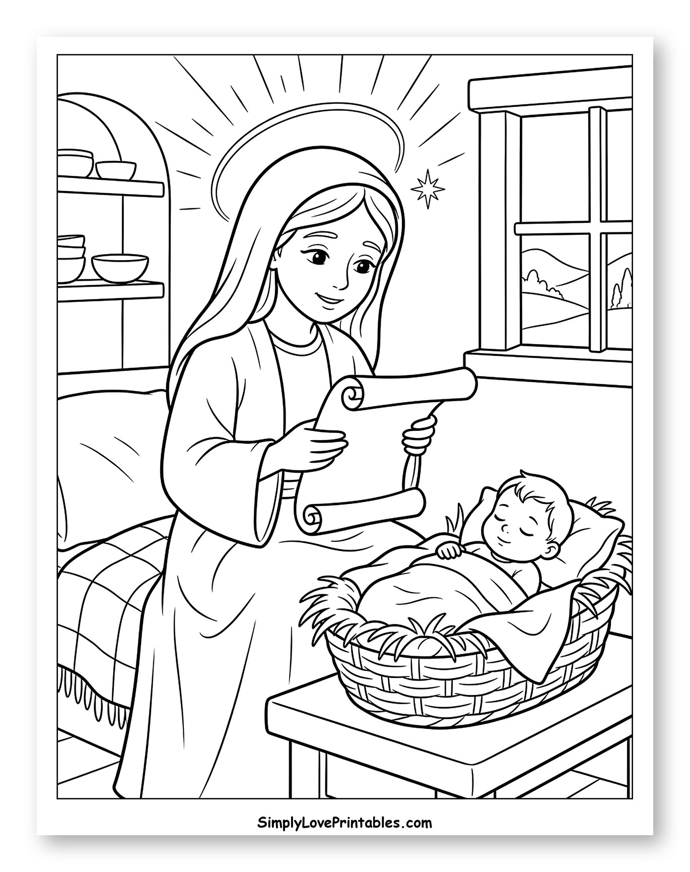 Virgin Mary with Sleeping Baby Jesus and Scroll Coloring Sheet for Kids