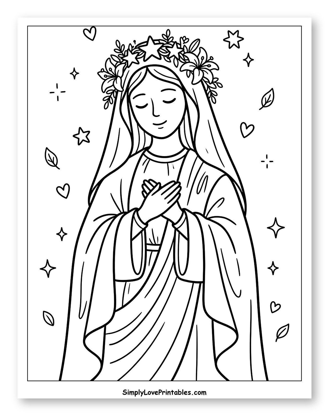 Virgin Mary with Star and Flower Crown Coloring Sheet for Adults