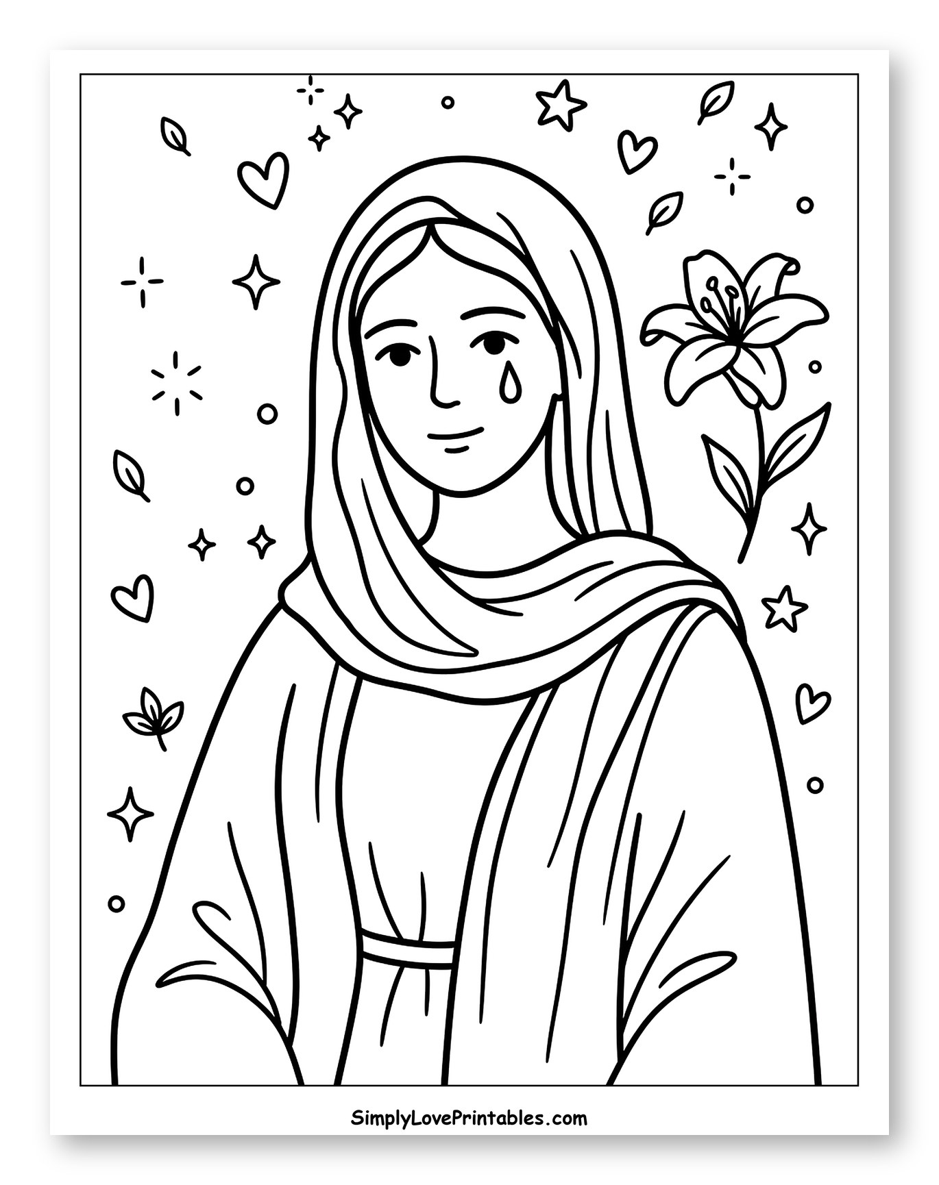 Virgin Mary with Tear and Lily Coloring Sheet for Adults