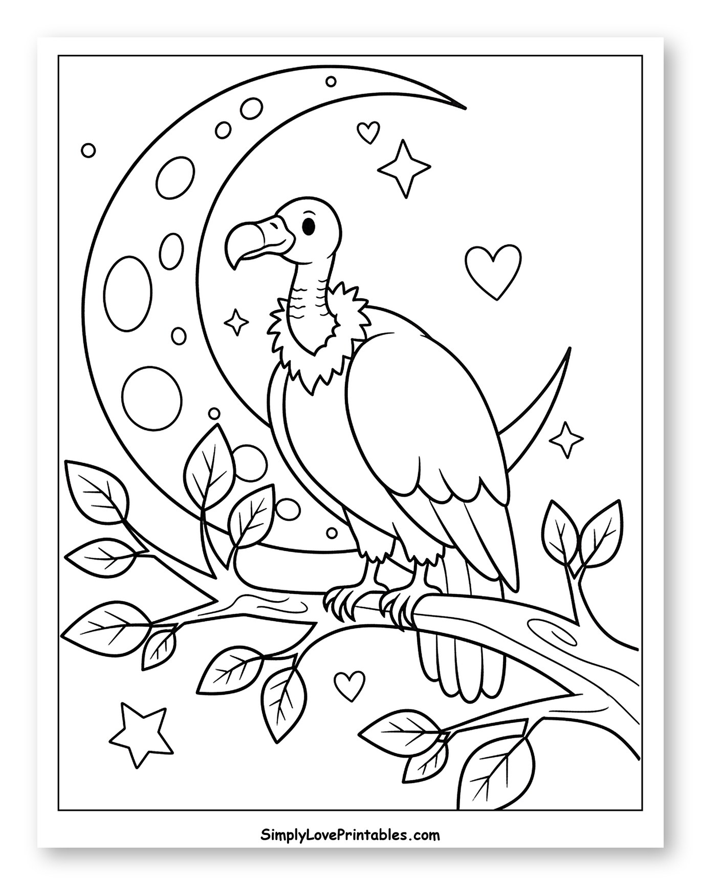 Vulture Perched on Branch with Crescent Moon