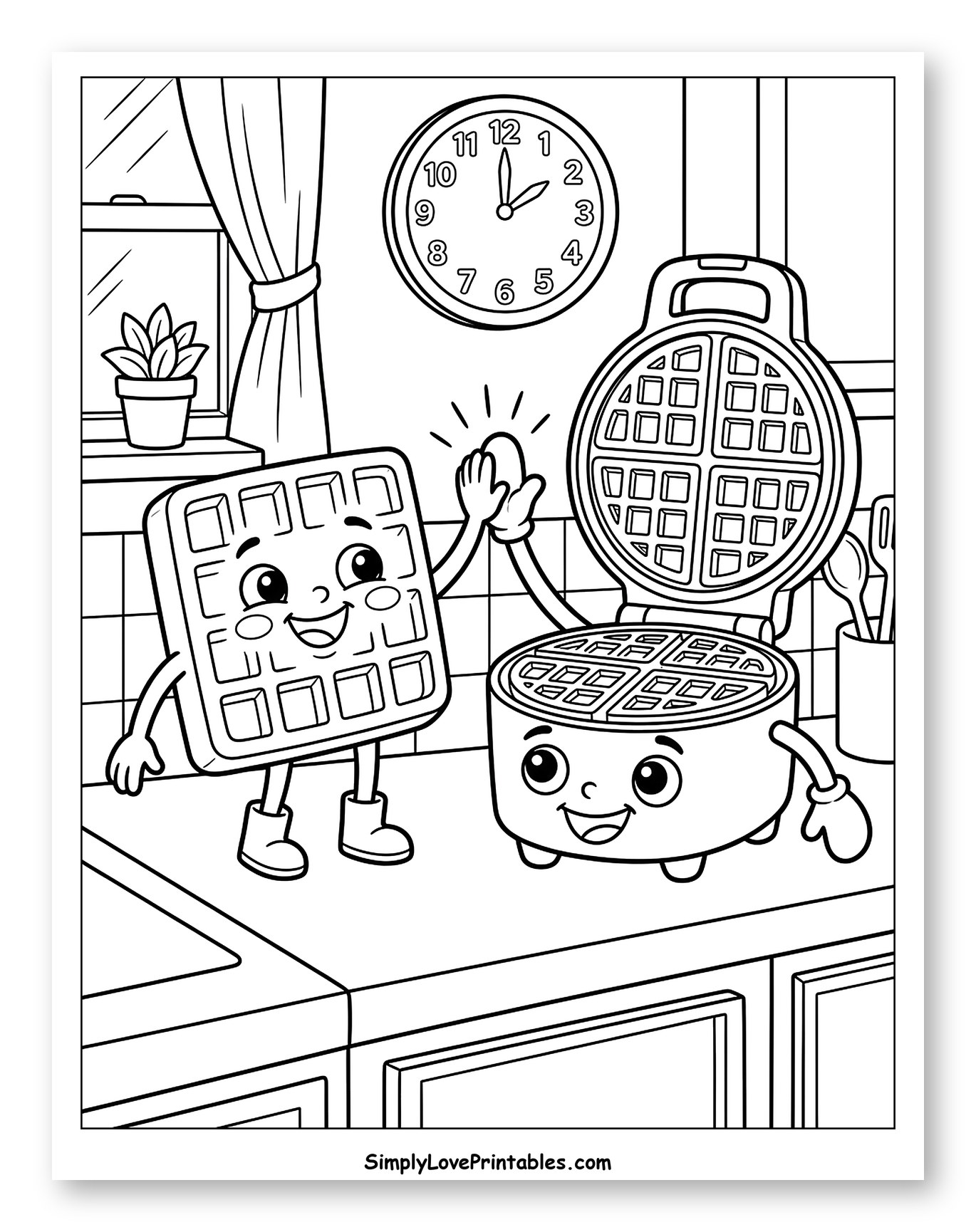 Waffle and Waffle Maker High-Five in Kitchen Coloring Page for Kids