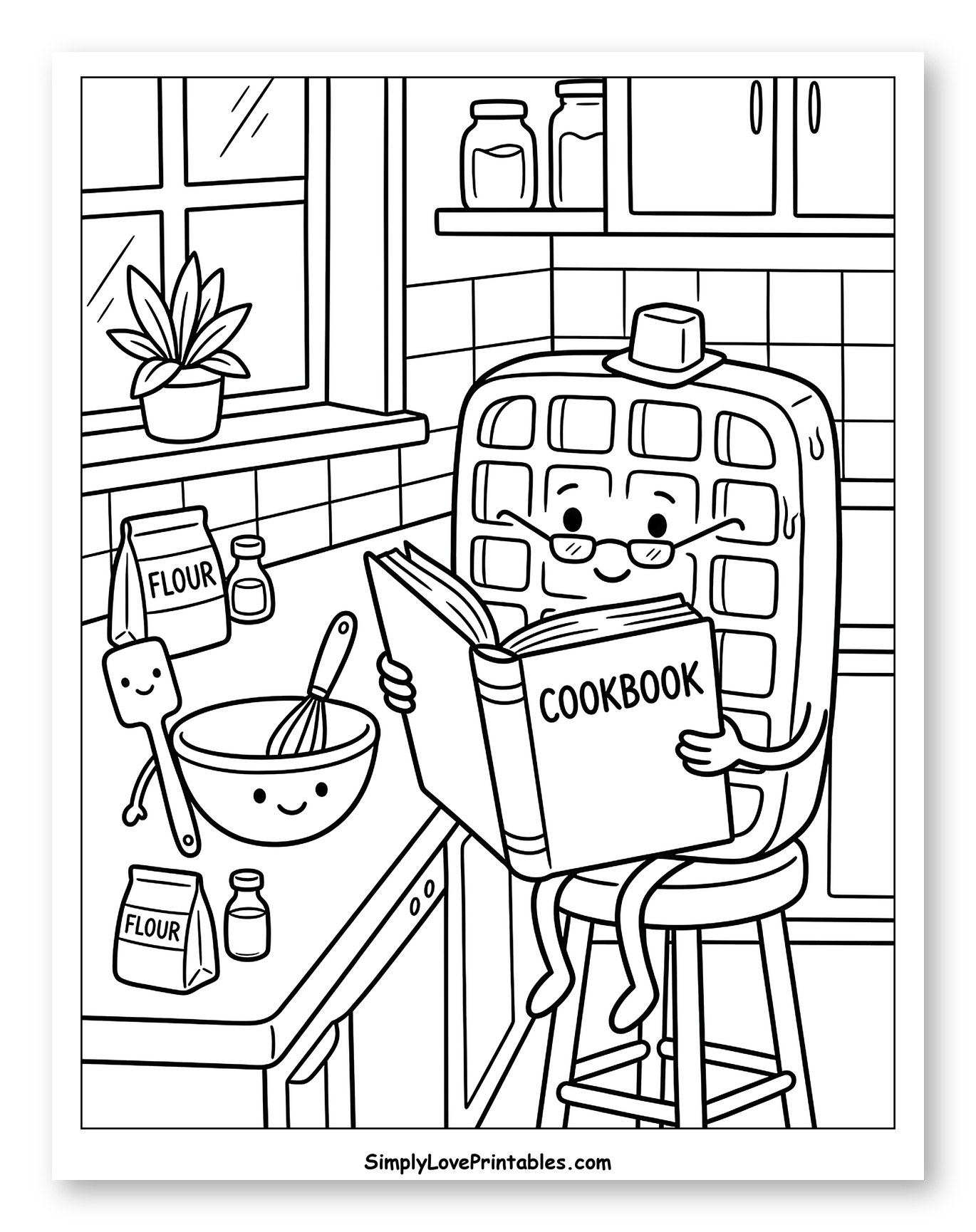 Waffle Character Reading a Cookbook in Kitchen