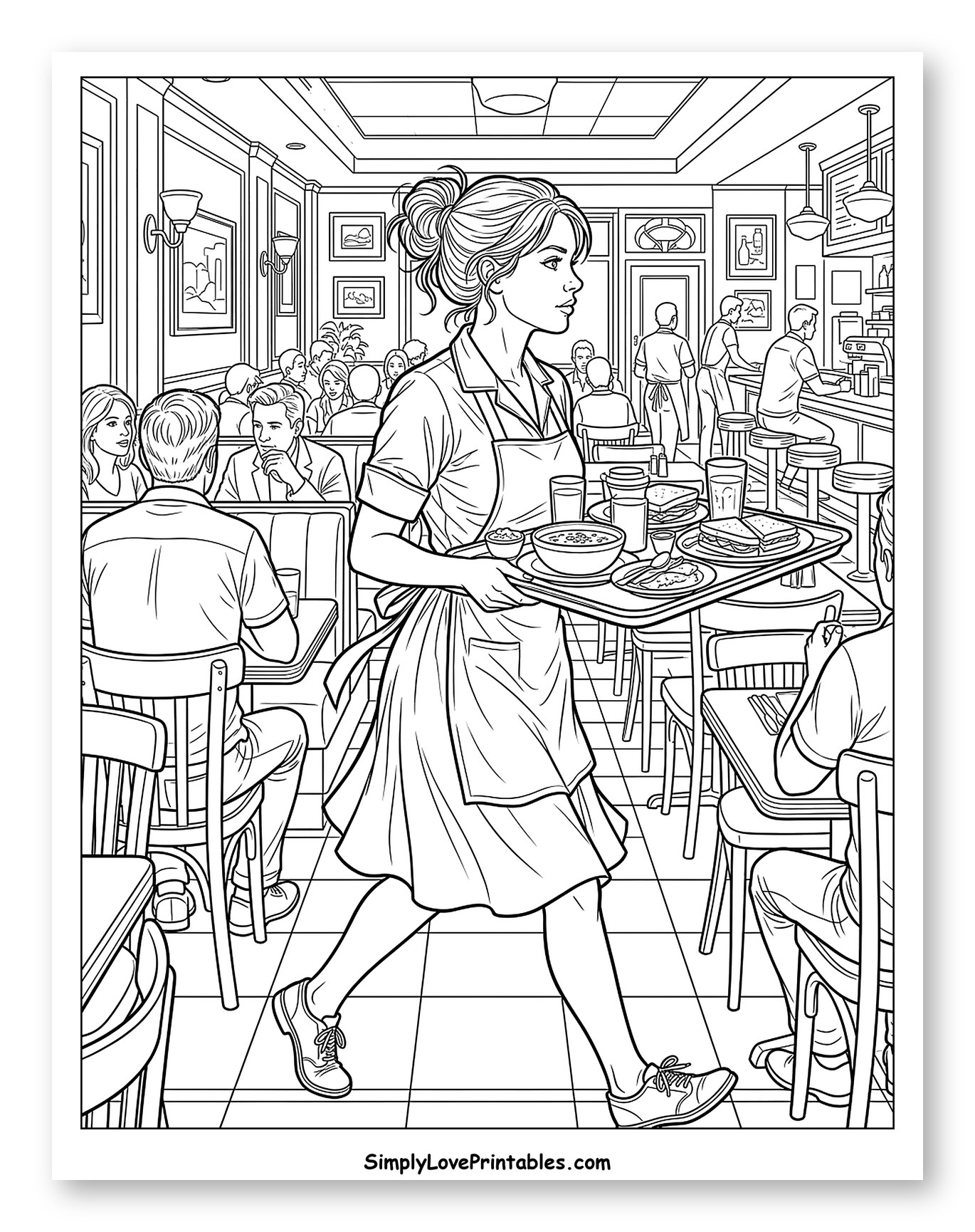 Waitress Serving Food in a Busy Diner Coloring Sheet