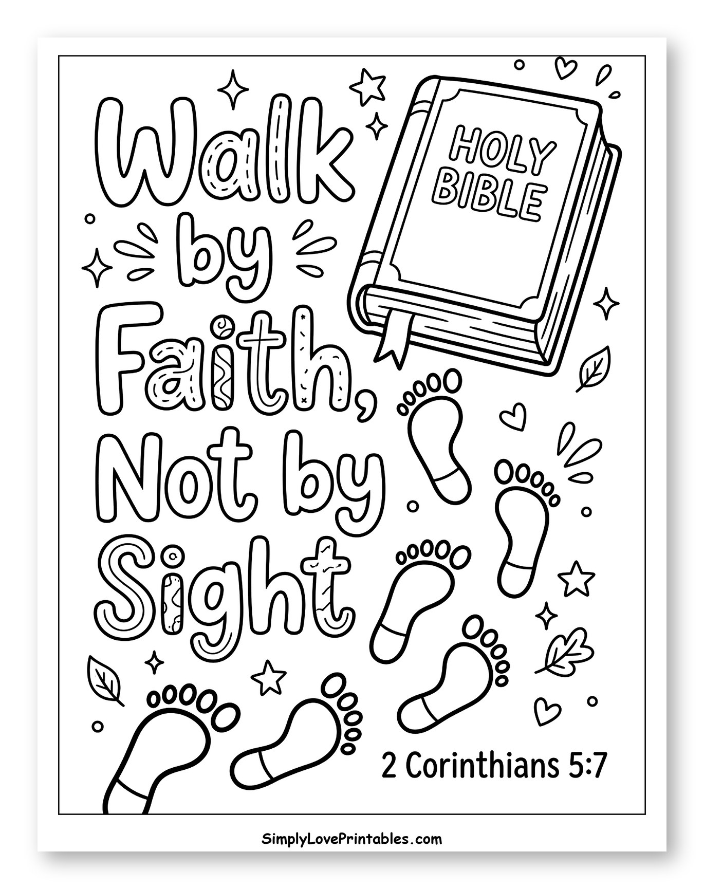 Walk by Faith Bible Verse with Footprints Coloring Page for Adults