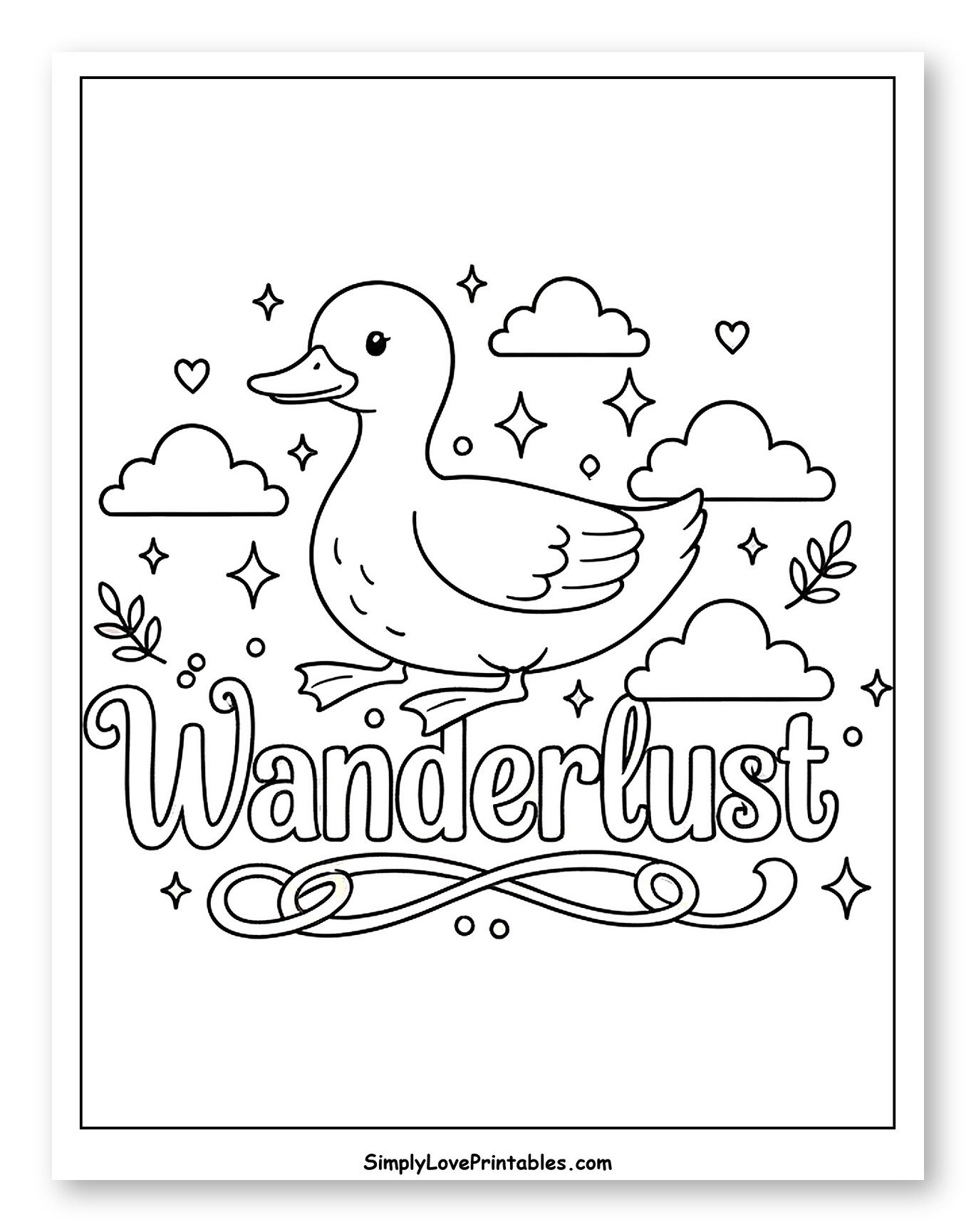 Wanderlust Duck with Stars and Clouds Coloring Sheet for Adults