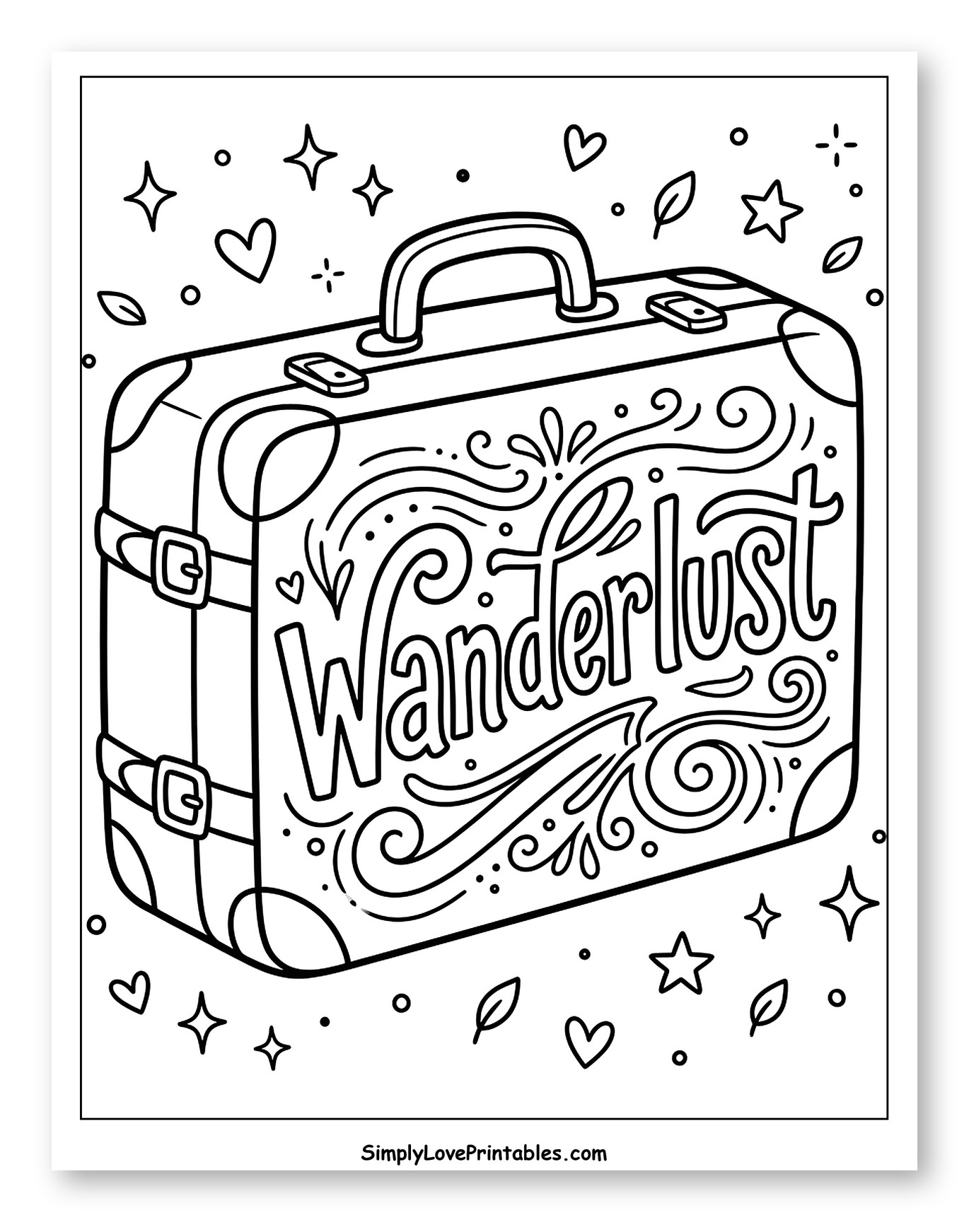 Wanderlust Suitcase with Stars and Hearts to Color for Adults