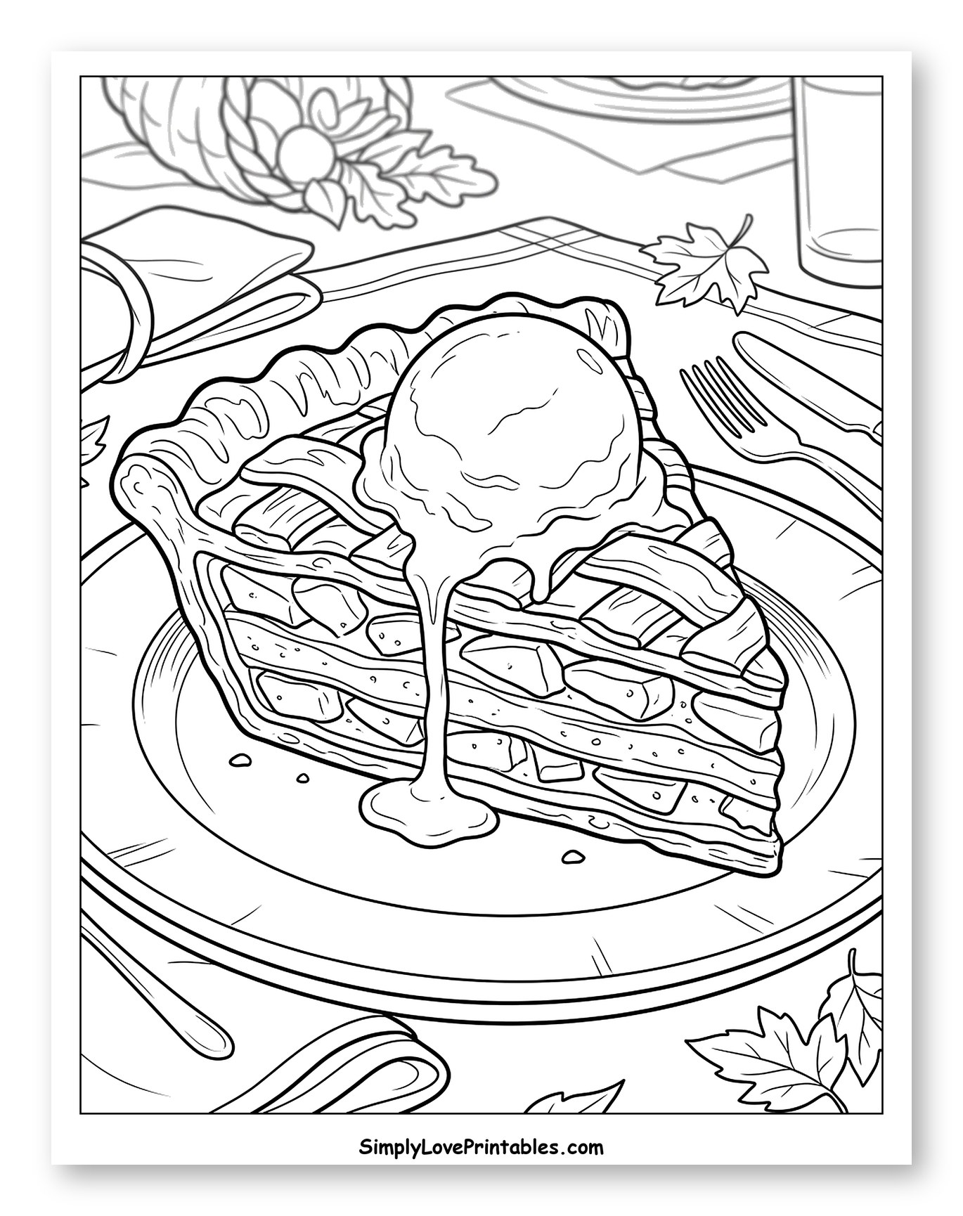 Warm Apple Pie Slice with Melting Ice Cream to Color