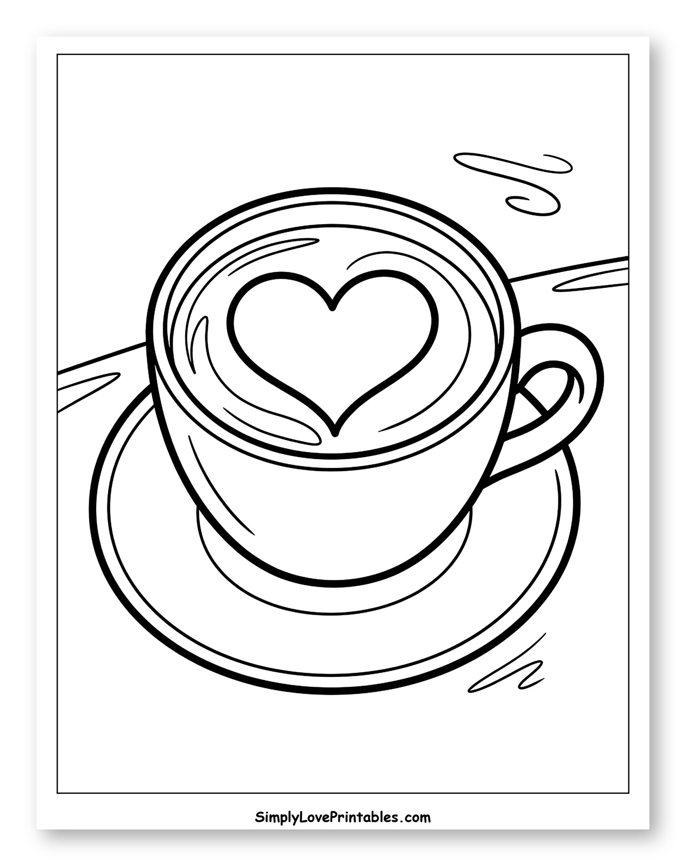 Warm Coffee Cup with Heart Latte Art Coloring Page for Toddlers