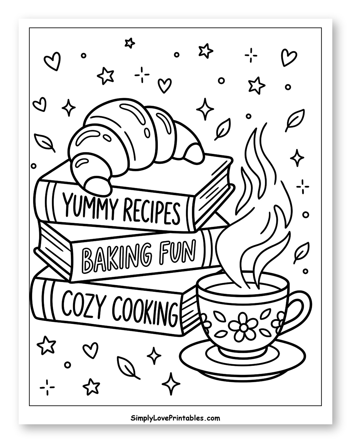 Warm Croissant, Cooking Books, and Hot Coffee Coloring Page for Adults