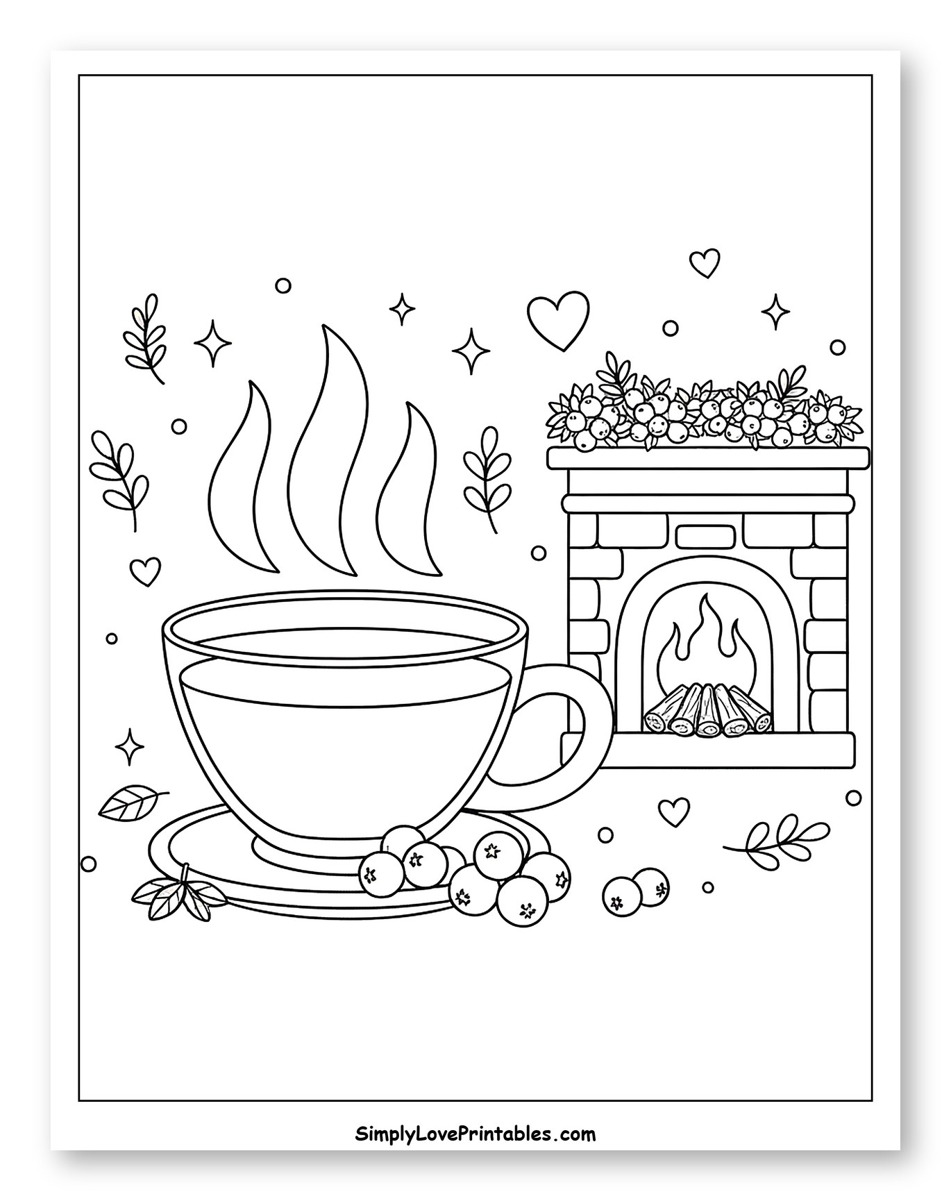 Warm Cup by Fireplace with Berries Coloring Sheet for Adults