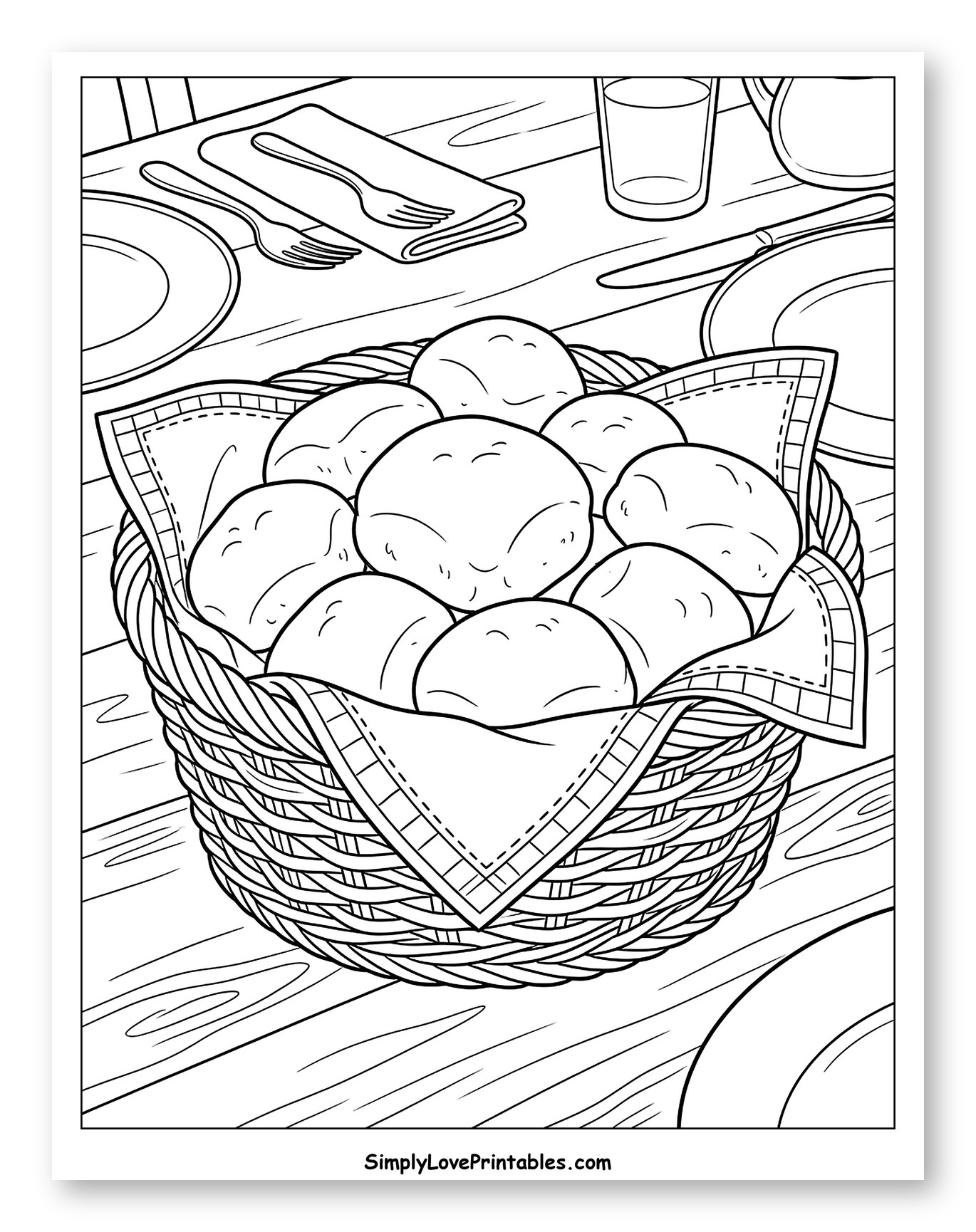 Warm Dinner Rolls in a Woven Basket to Color