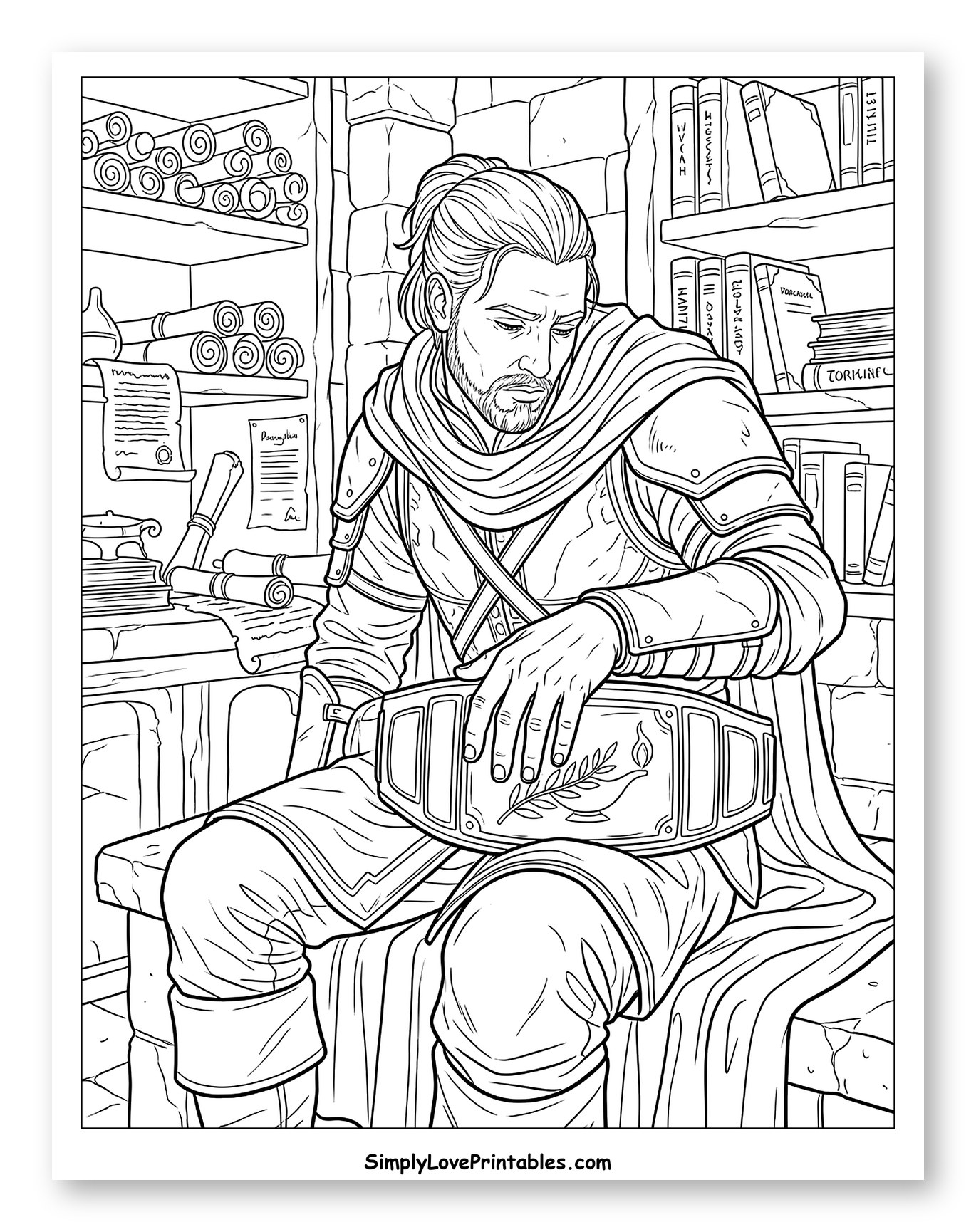 Warrior in Library with Armor of God to Color