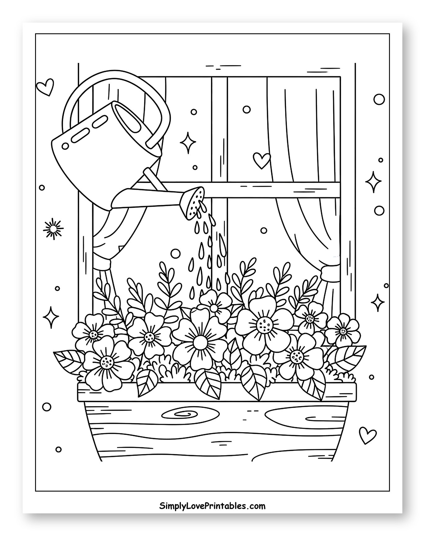 Watering Can and Flower Window Box Coloring Sheet for Adults