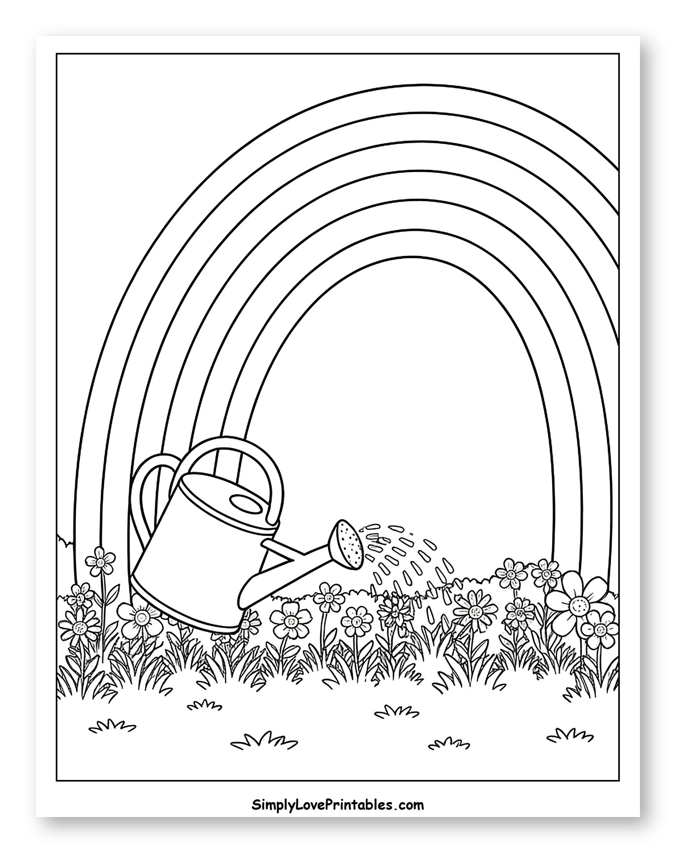 Watering Can and Flowers Under a Rainbow to Color for Kids