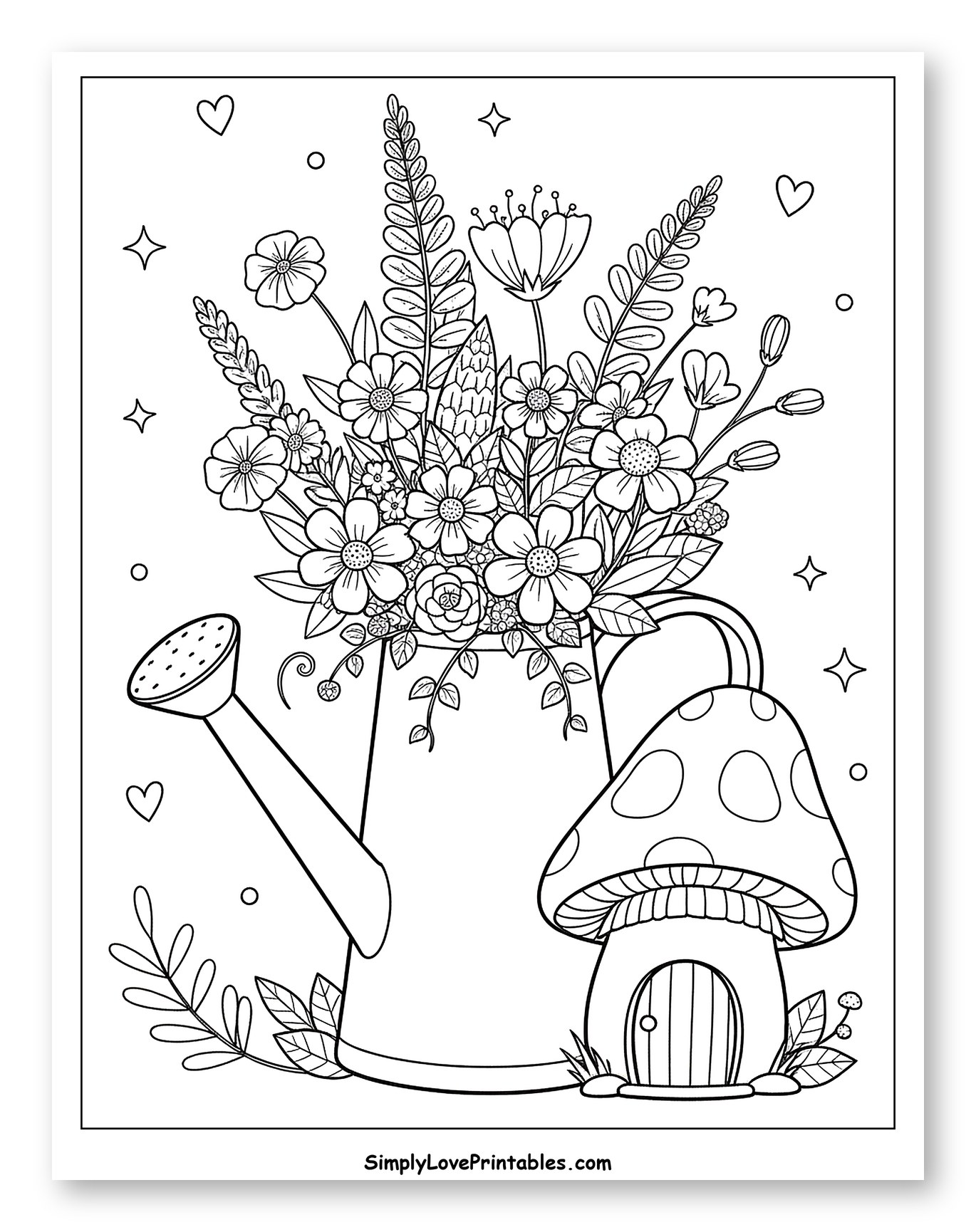 Watering Can Full of Flowers and Mushroom House Coloring Sheet for Adults