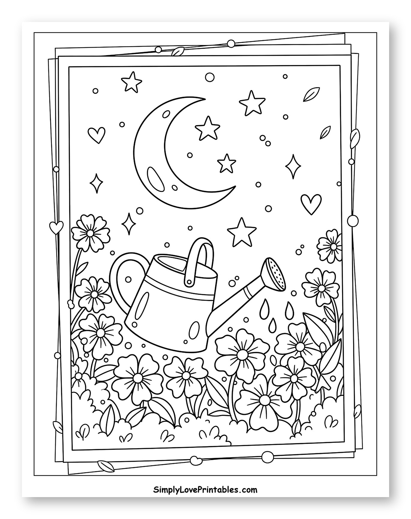 Watering Can in a Flowery Night Garden Coloring Page for Adults