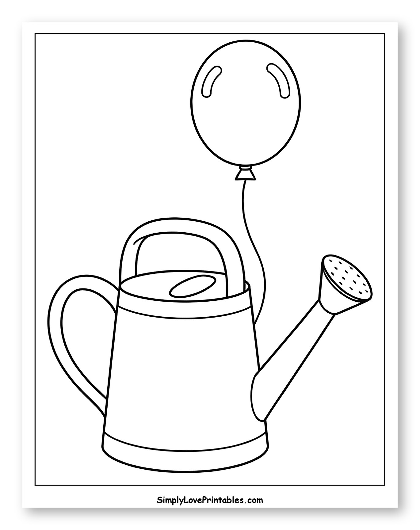 Watering Can Tied to a Floating Balloon Coloring Sheet for Toddlers